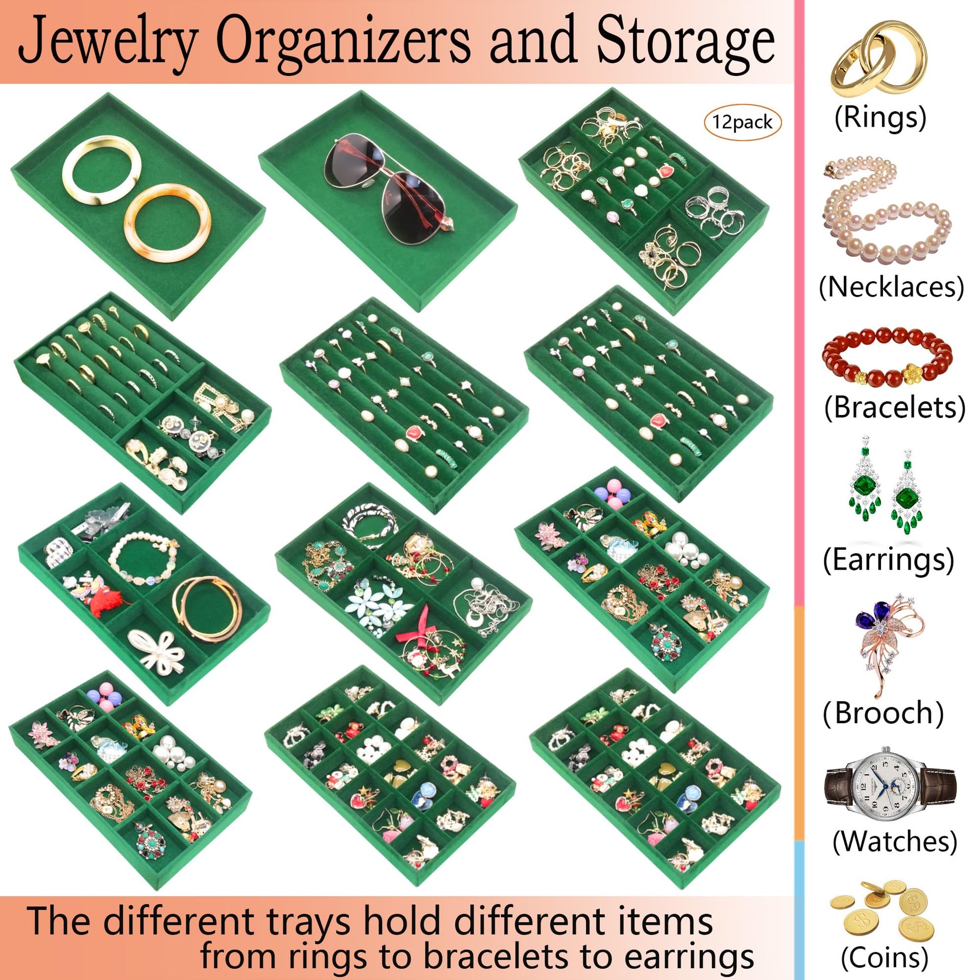 Velvet Jewelry Tray 12 Set Stackable Jewelry Organizer Trays for Drawers Rings Earrings Necklaces Bracelet Watch Display Case (12 Count)