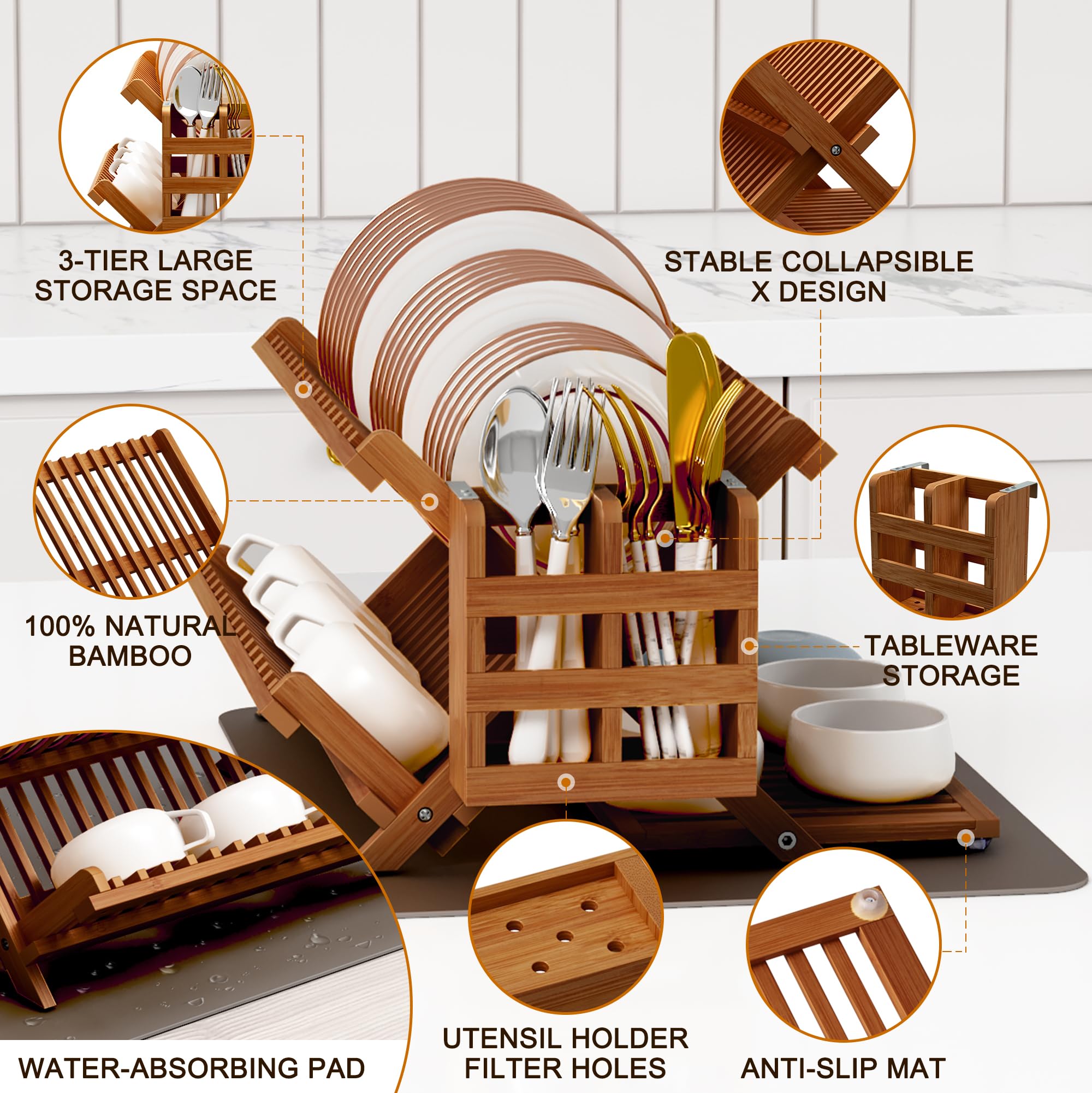 Teak Dish Drying Rack with Utensil Holder
