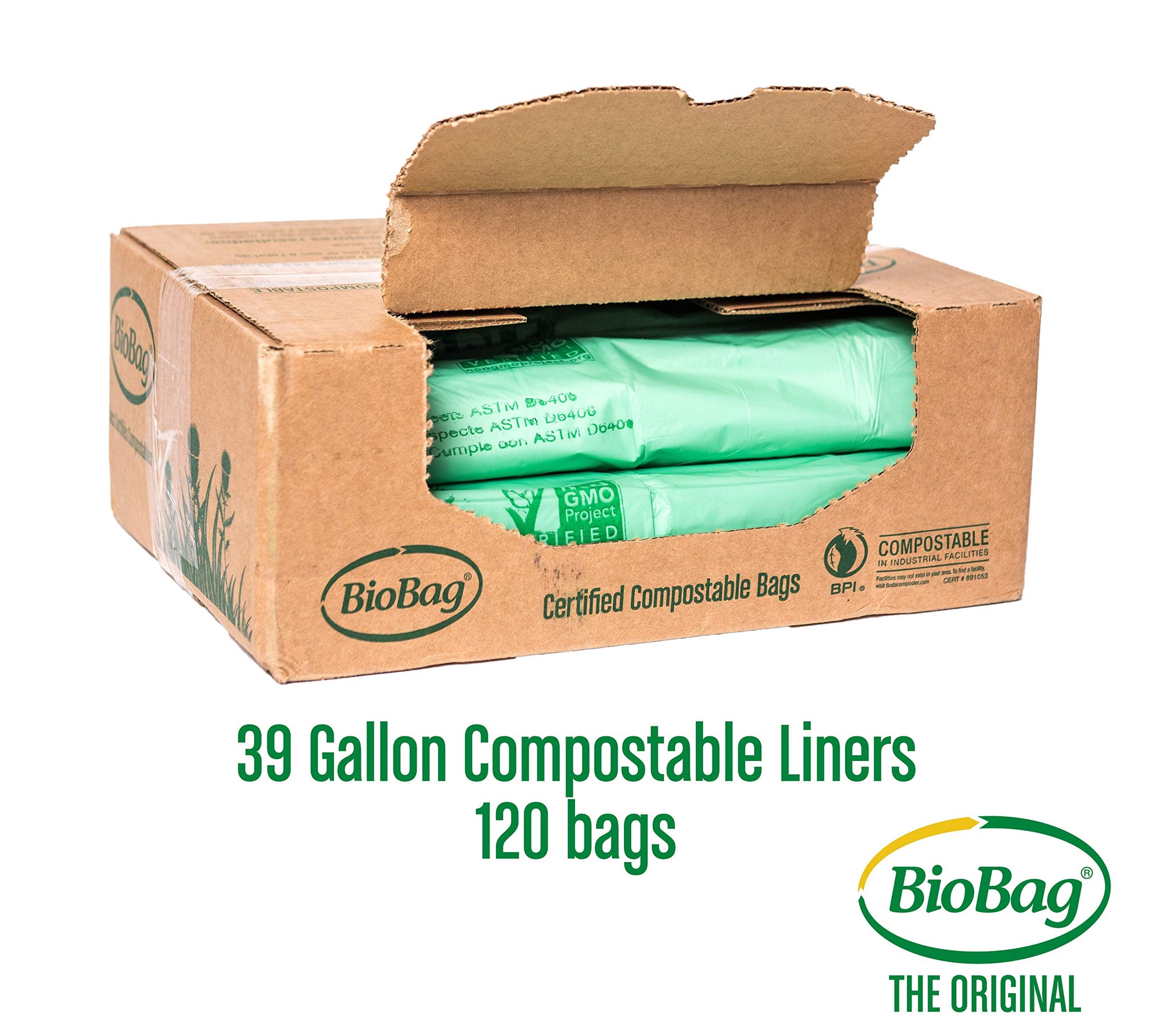 USA) The Original Compostable Bag, 39 Gallon, 120 Count, 100% Certified Compostable Trash Bag Liners for Food Waste, Extra Strong and Durable, Trash Bag