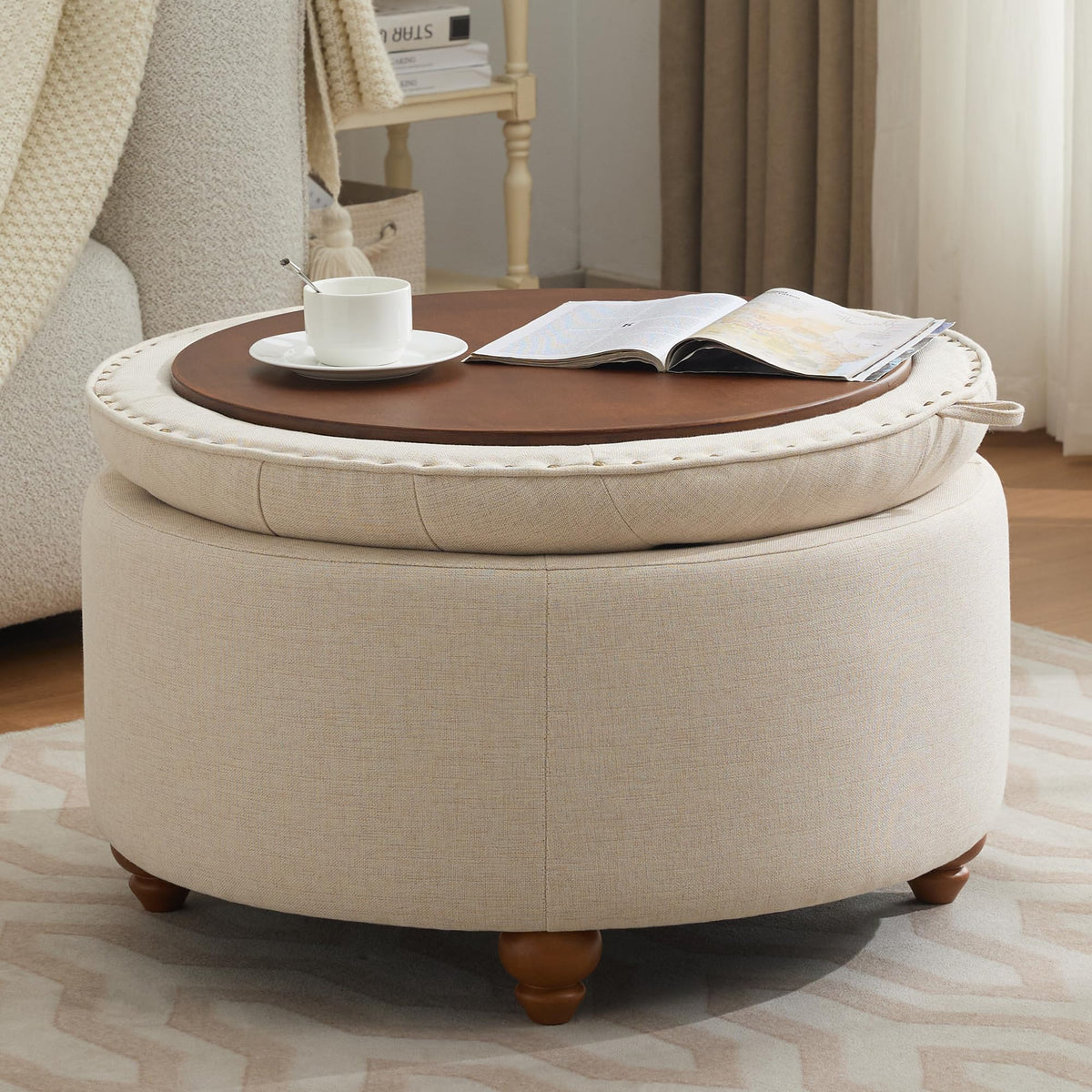30Inch Round Storage Ottoman with Tray