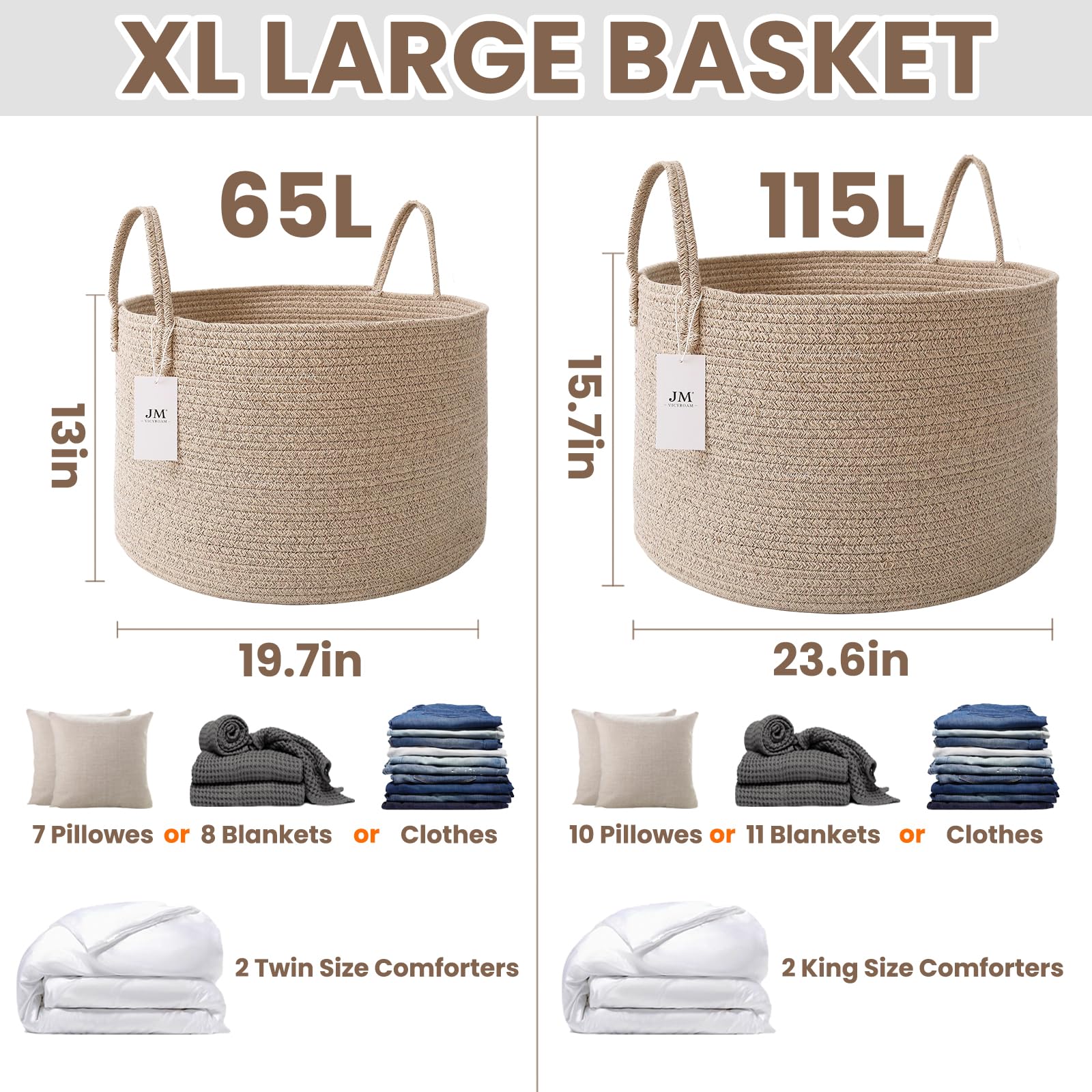 115L Extra Large Machine Washable Cotton Rope Blanket Basket