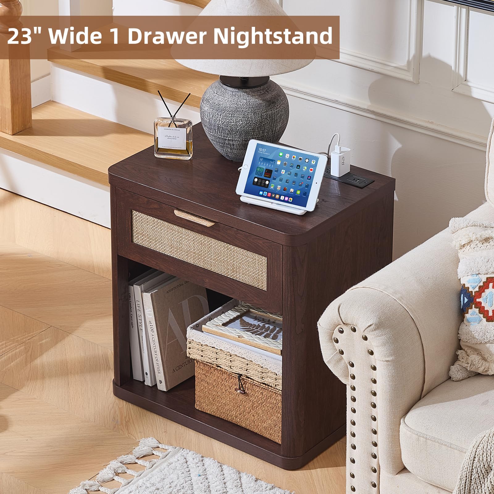 Rattan Nightstand with Charging Station