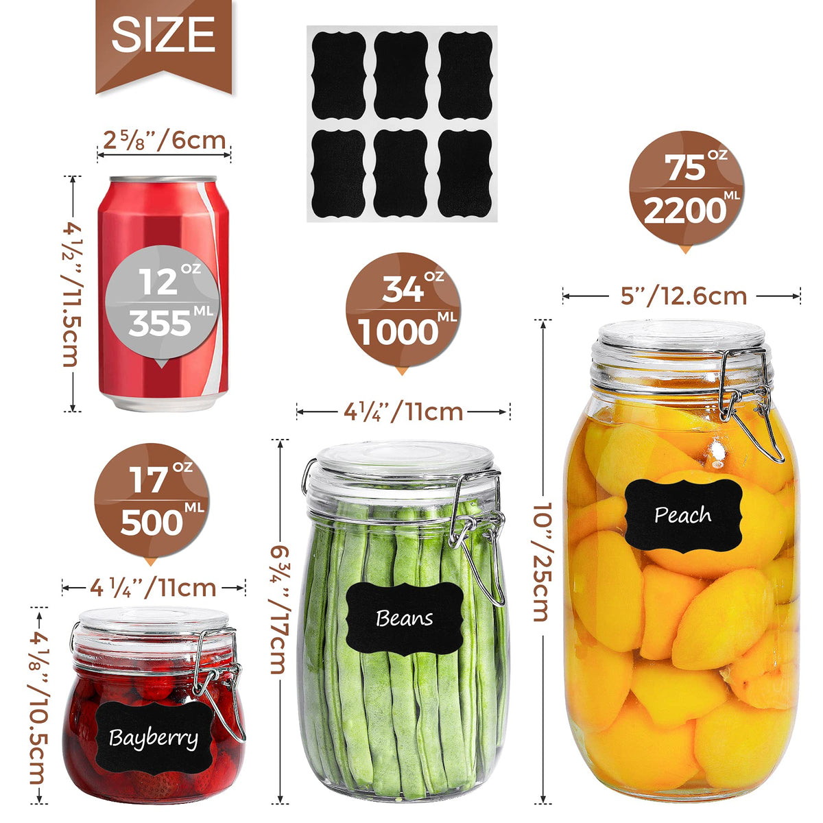 Round Small Glass Pantry Jars with Airtight Lids 17 oz 6 Pack (6 Count)