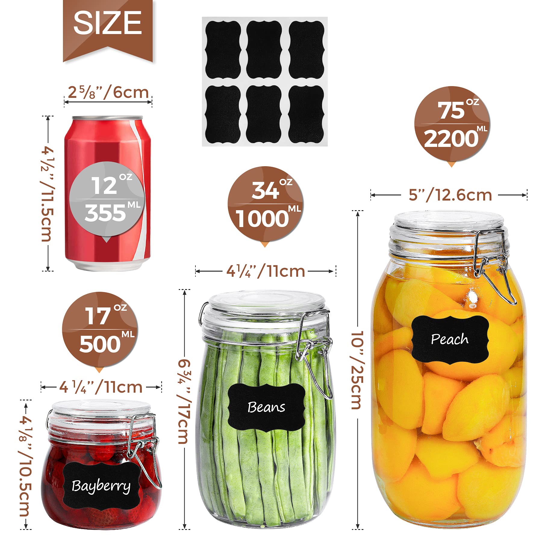 Round Small Glass Pantry Jars with Airtight Lids 17 oz 6 Pack (6 Count)