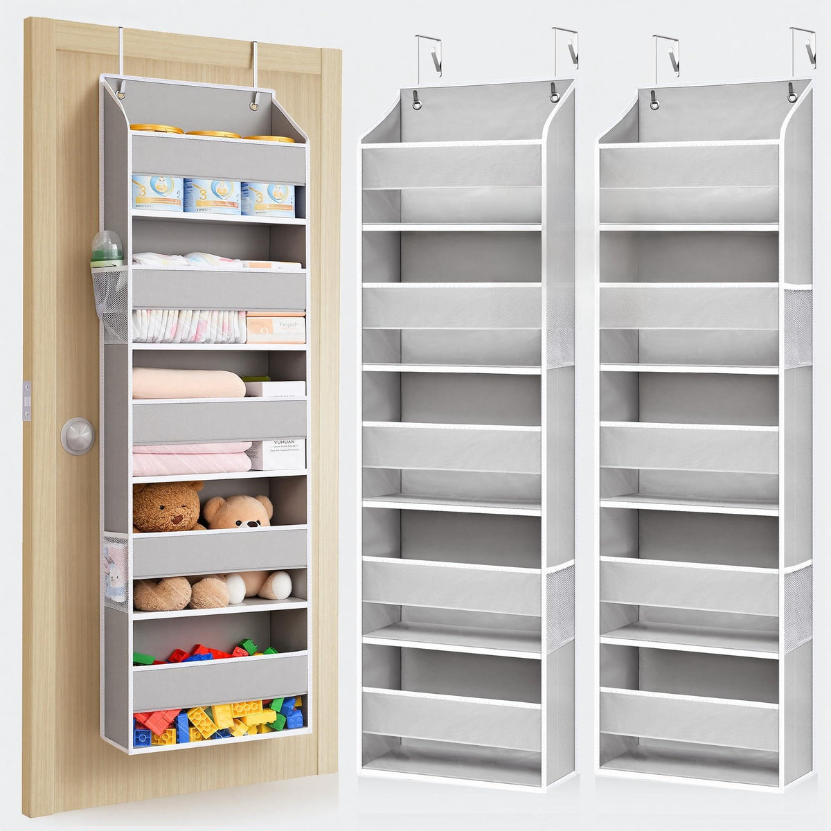 2-Pack Over-The-Door Organizer 5 Tiers, – Hanging Storage Organizer with 4 Mesh Side Pockets,Space Saving Closet Door Organizer for Clothes, Shoes, Toys, Accessories Light Gray