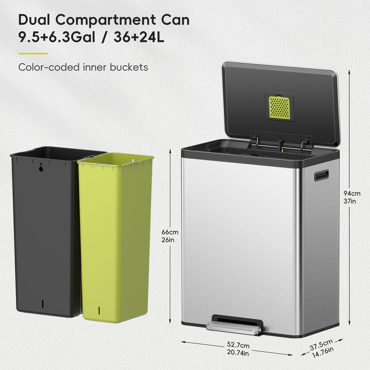 EcoCasa II 36L+24L Dual Trash Can with Recycle Bin