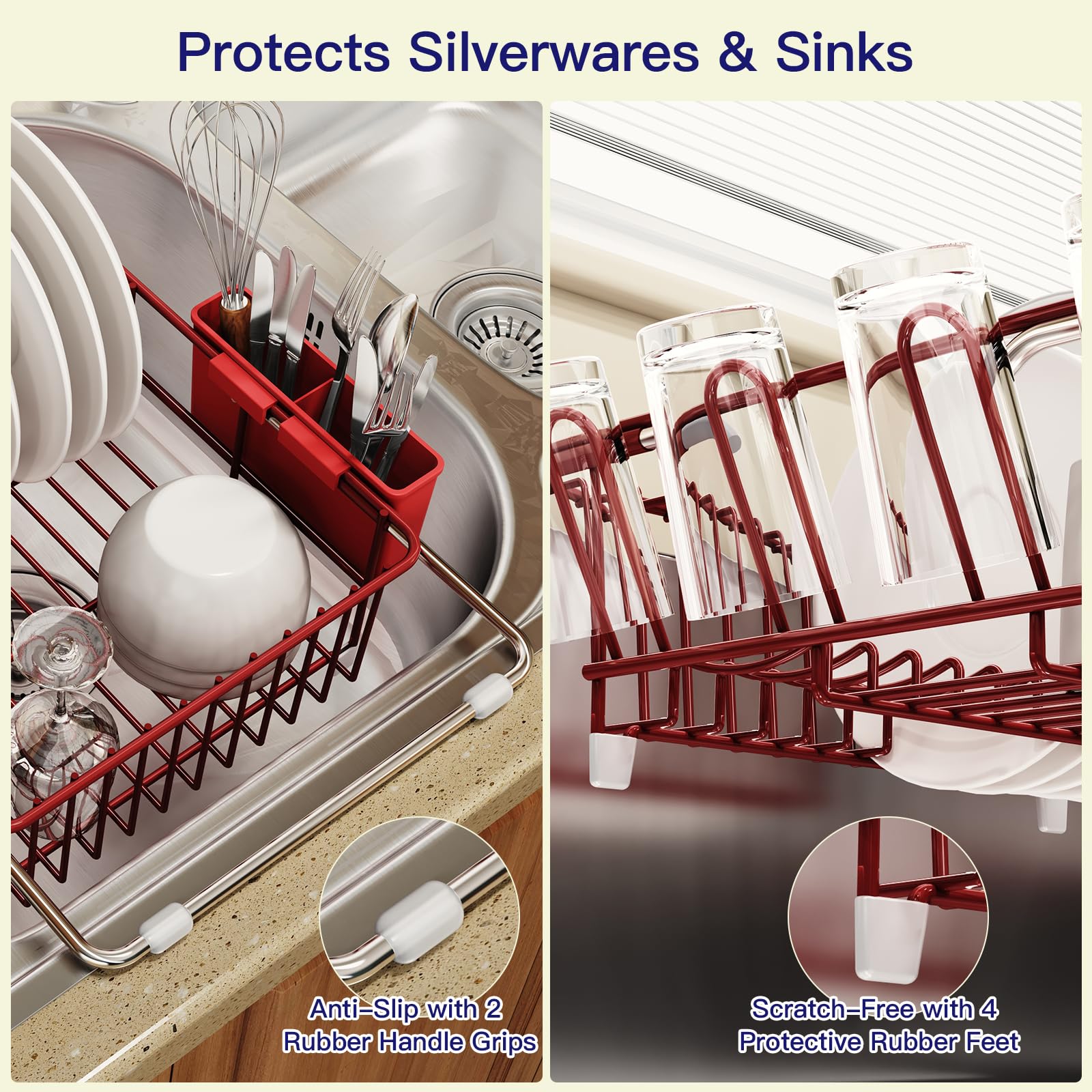 Red Dish Drying Rack Over Sink with Utensil Holder
