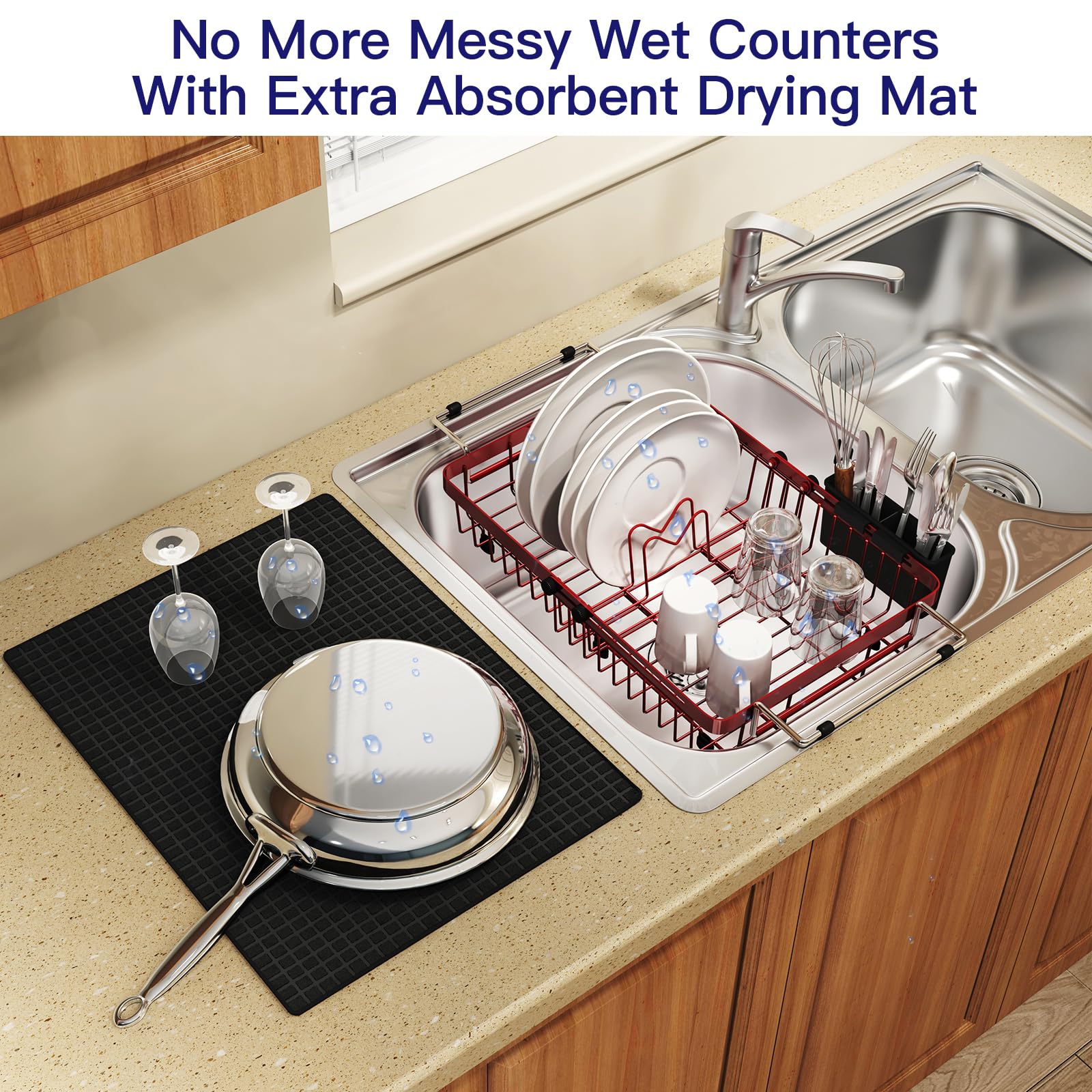 Red Dish Drying Rack Over The Sink with Utensil Holder