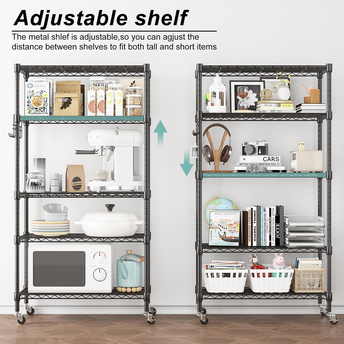 5 Tier Storage Shelf Wire Shelving Unit on Wheels Heavy Duty Metal Shelves Adjustable Steel Rack Organization for Kitchen Garage Basement (5 Count)