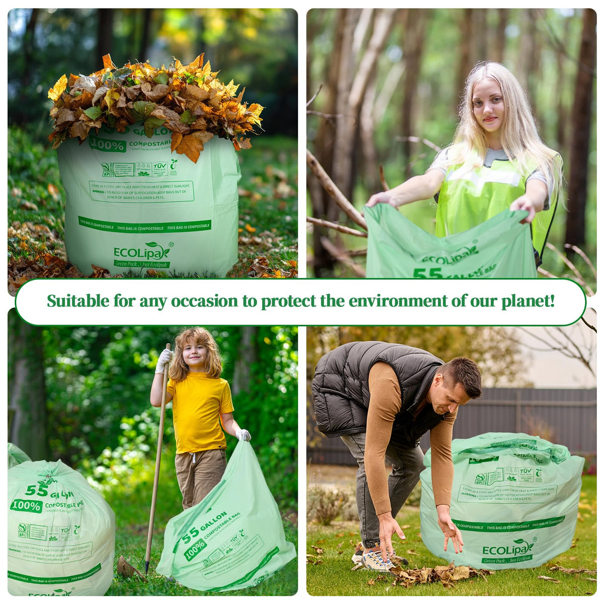 55 Gallon 12 Count Large Compostable Trash Garbage Bags for Lawn