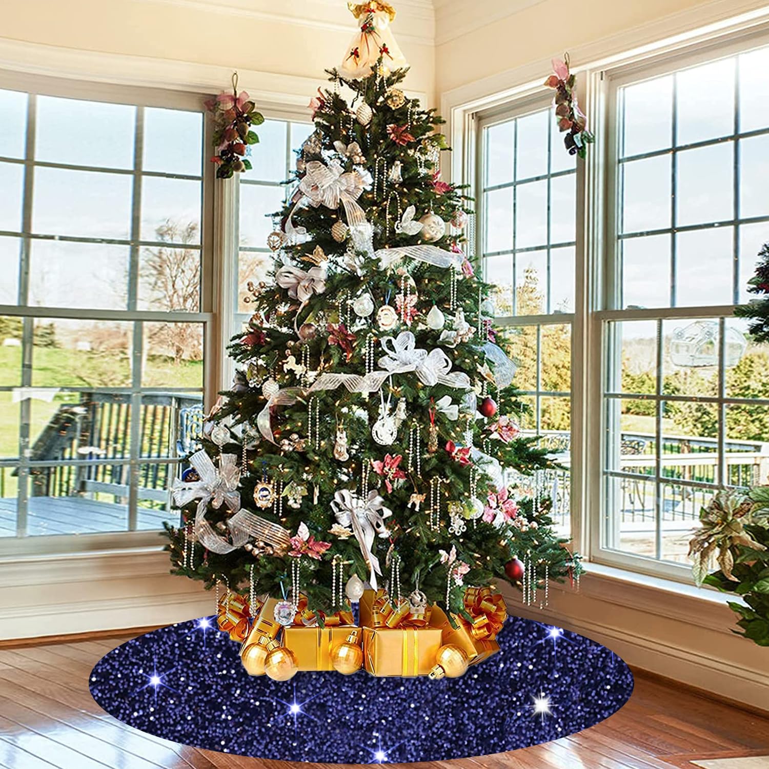 Navy Blue Christmas Tree Skirt 36 Inch Sequined Tree Skirt Navy Velvet Tree Skirt Sparkly Tree Cover Skirt for 4ft Xmas Tree Personalized Christmas Tree Skirt Mat for Xmas Party Decor