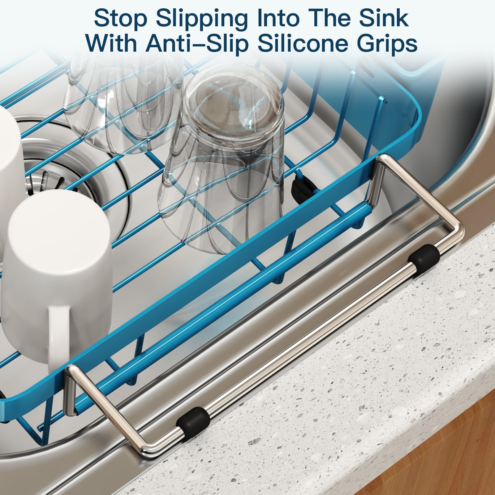 Blue Dish Drying Rack Over The Sink with Utensil Holder