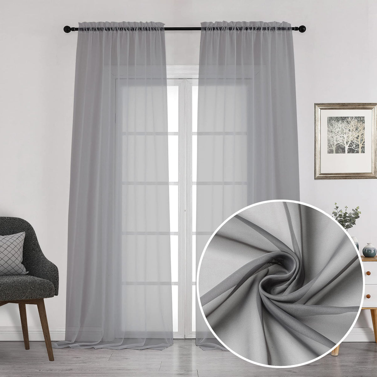 Charcoal Grey Sheer Curtains 108 Inch Length 2 Panels