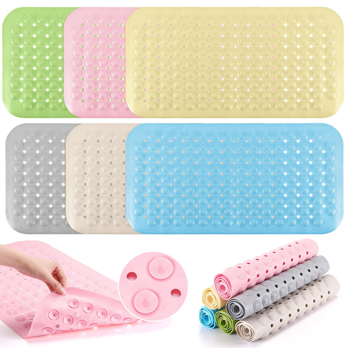 6 Pcs Non Slip Bath Mats 27.6x14.2 Inches TPE Bathtub Mats with Suction Cups Drain Holes Textured Surface Anti Slip Shower Pad for Bathroom Tub Adults Elderly Home Hotel (6 Count)
