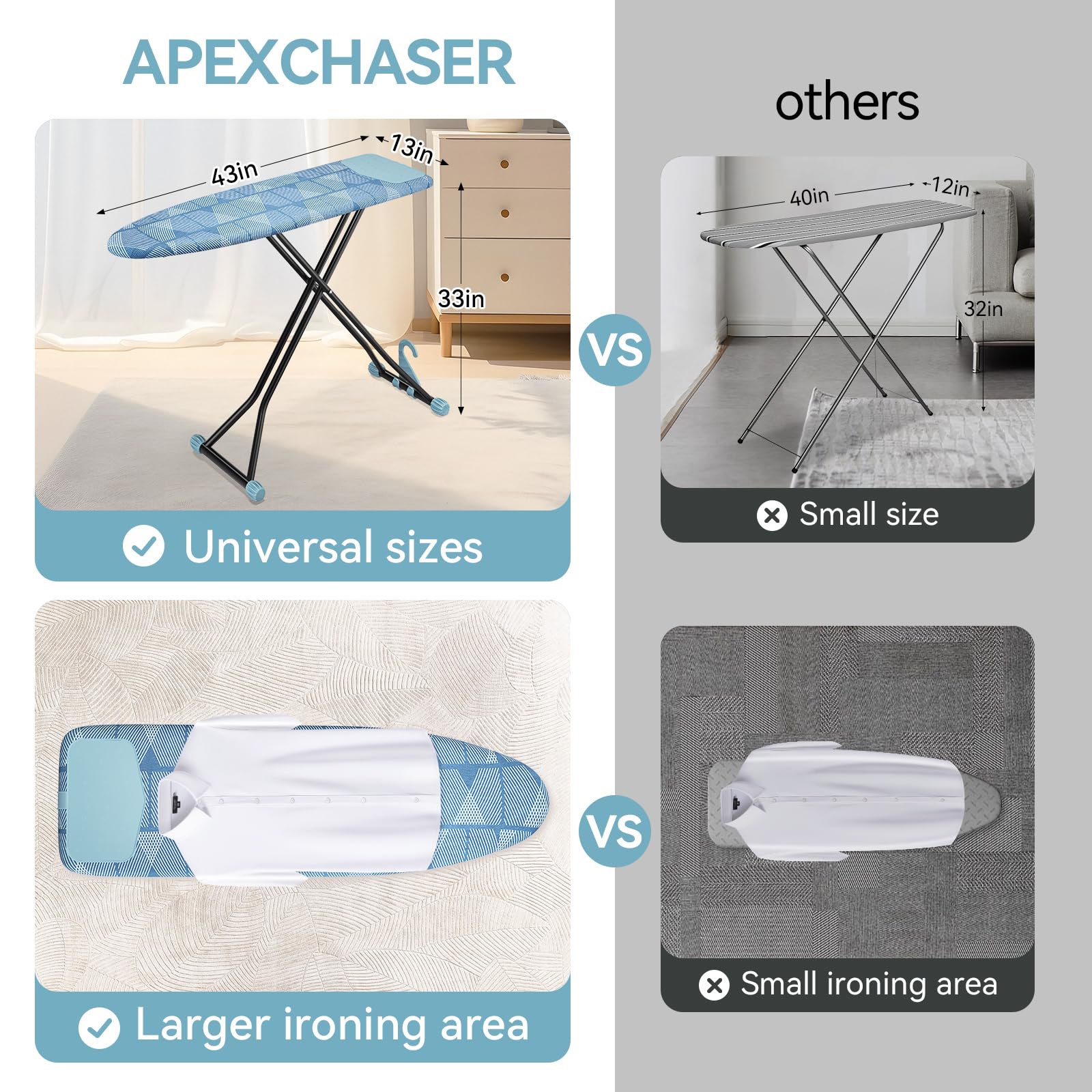 Foldable 7 Level Heigh Adjustable Ironing Board with Iron Rest