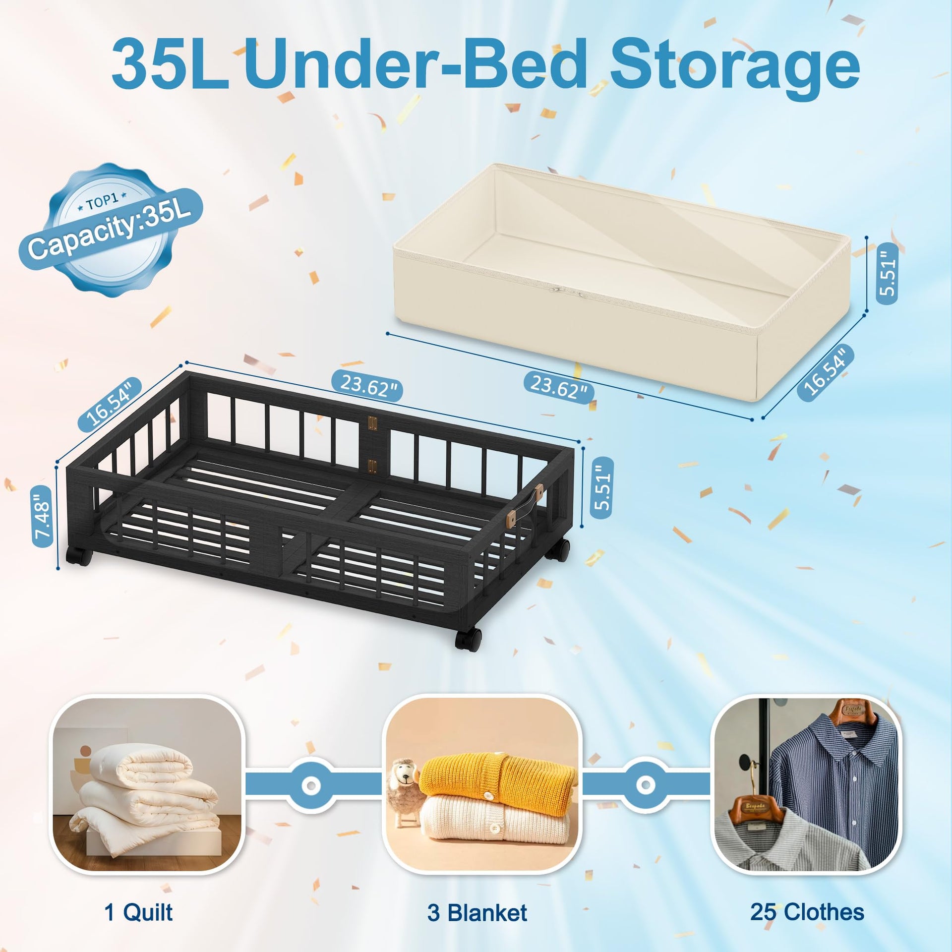 2 Pack Bamboo Under Bed Storage Containers with Wheels (2 Count)