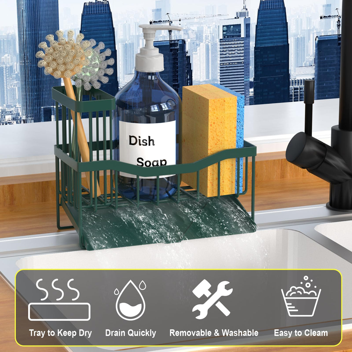 Maifan Sink Caddy Sponge Holder for Kitchen with Brush Holder and Stainless Steel Self Drain Tray