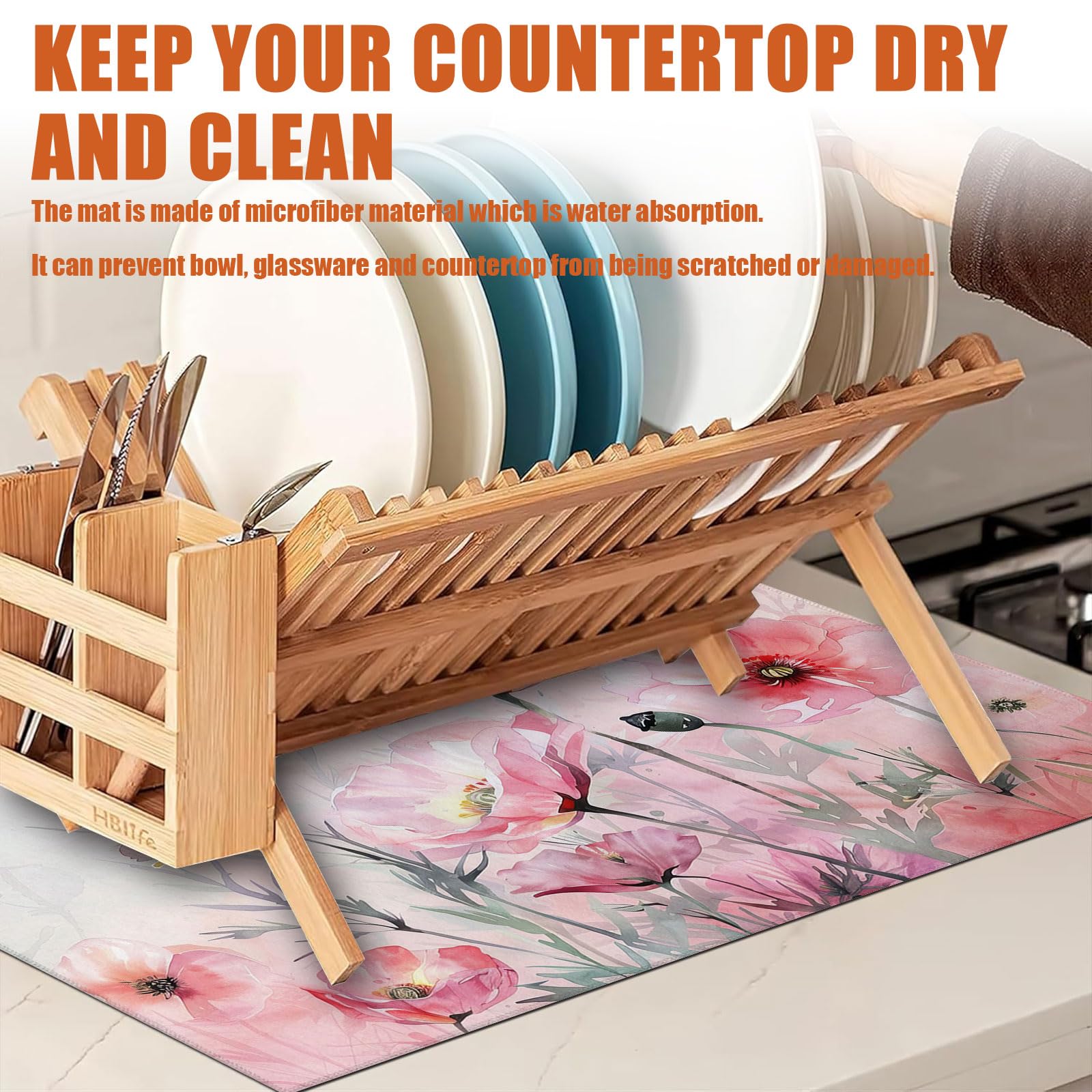 Pink Poppy Flower Dish Drying Mat for Kitchen Counter Microfiber Absorbent Dish Kitchen Drying Mat Draining Reusable Washable for Dishes