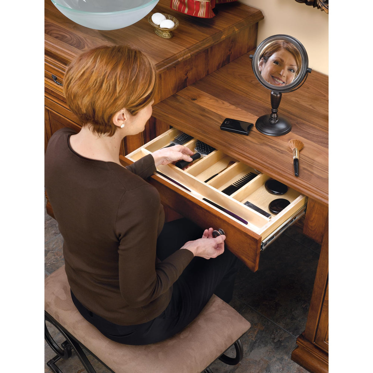 Trim-to-Custom-Fit Silverware Drawer Organizer For Kitchen Utensils, Cutlery Cabinet Storage Divider Insert, 23.98 x 21.97 In, Maple Wood, 4WUT-3