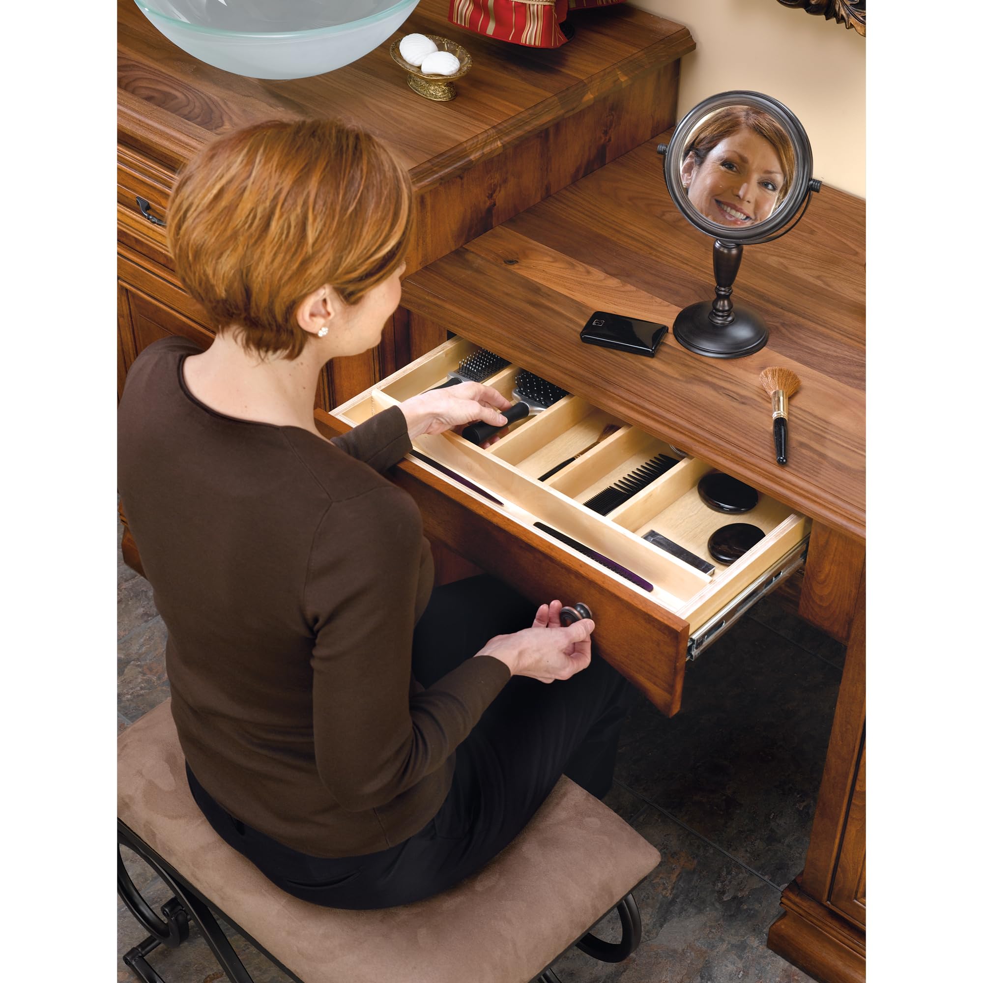 Trim-to-Custom-Fit Silverware Drawer Organizer For Kitchen Utensils, Cutlery Cabinet Storage Divider Insert, 23.98 x 21.97 In, Maple Wood, 4WUT-3