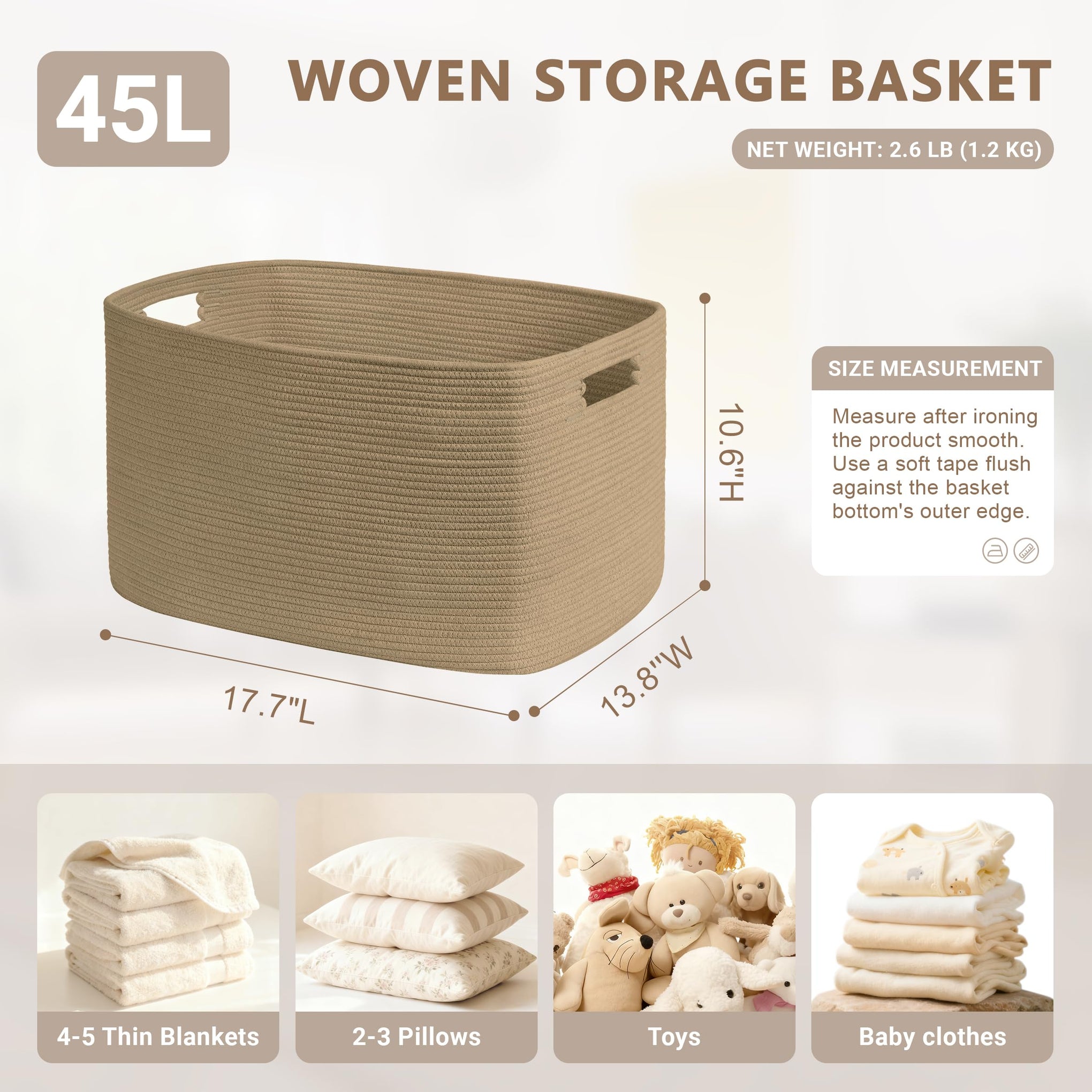 45L Small Woven Laundry Basket Hamper with Handles