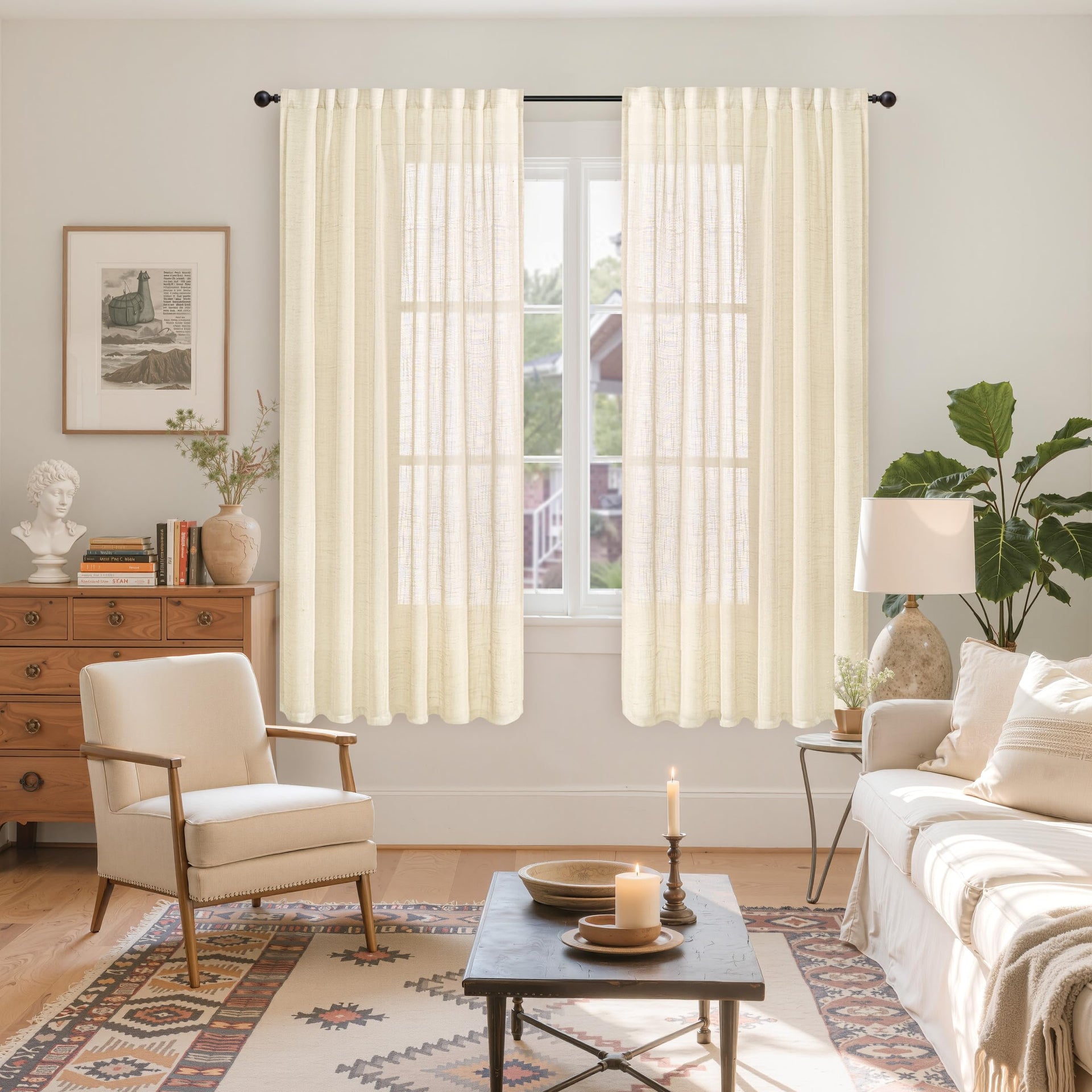 Beige Linen Semi Sheer Curtains 63 Inch Length (2 Count)