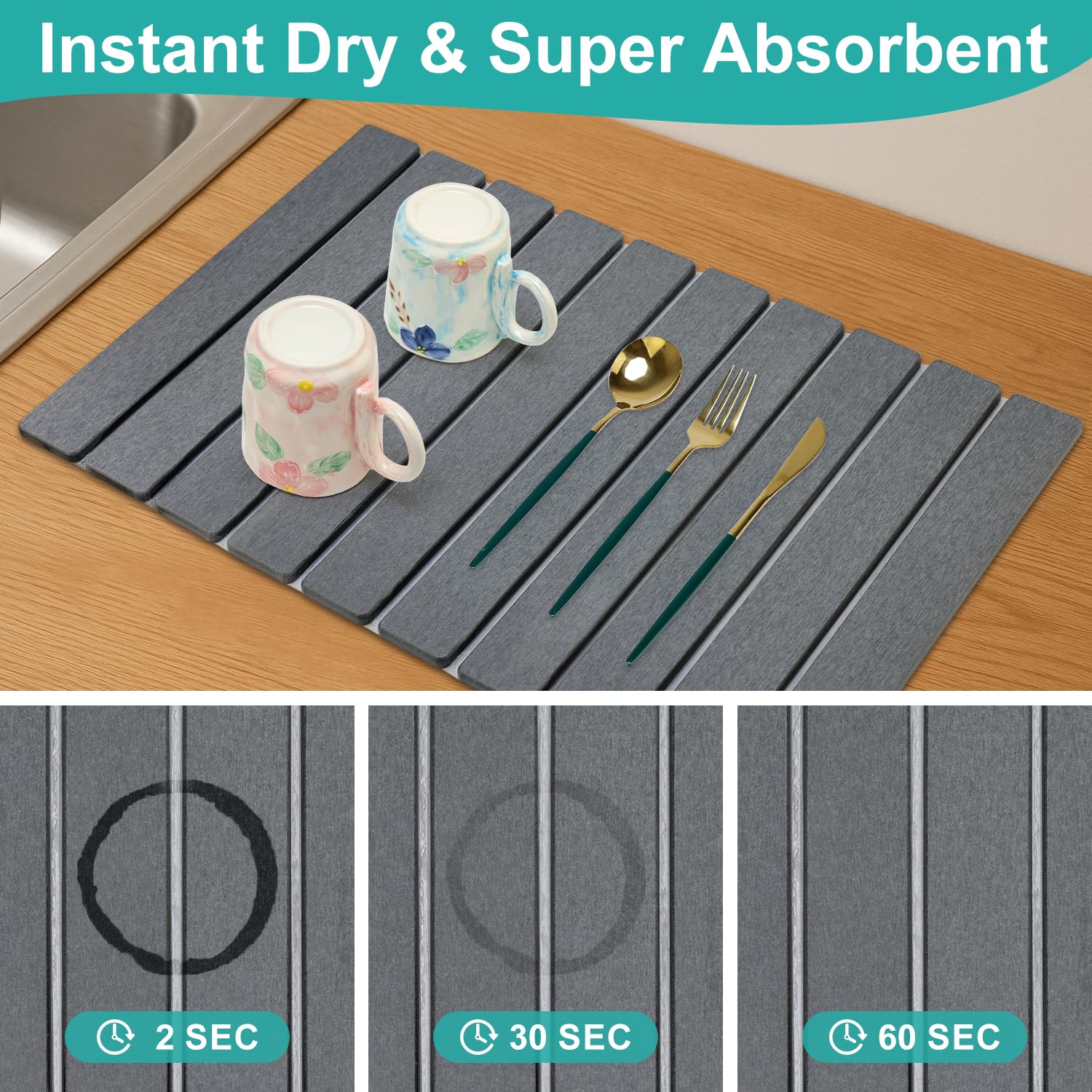 3Pcs Water Absorbing Stone Drying Mats for Kitchen Counter Diatomite Dish