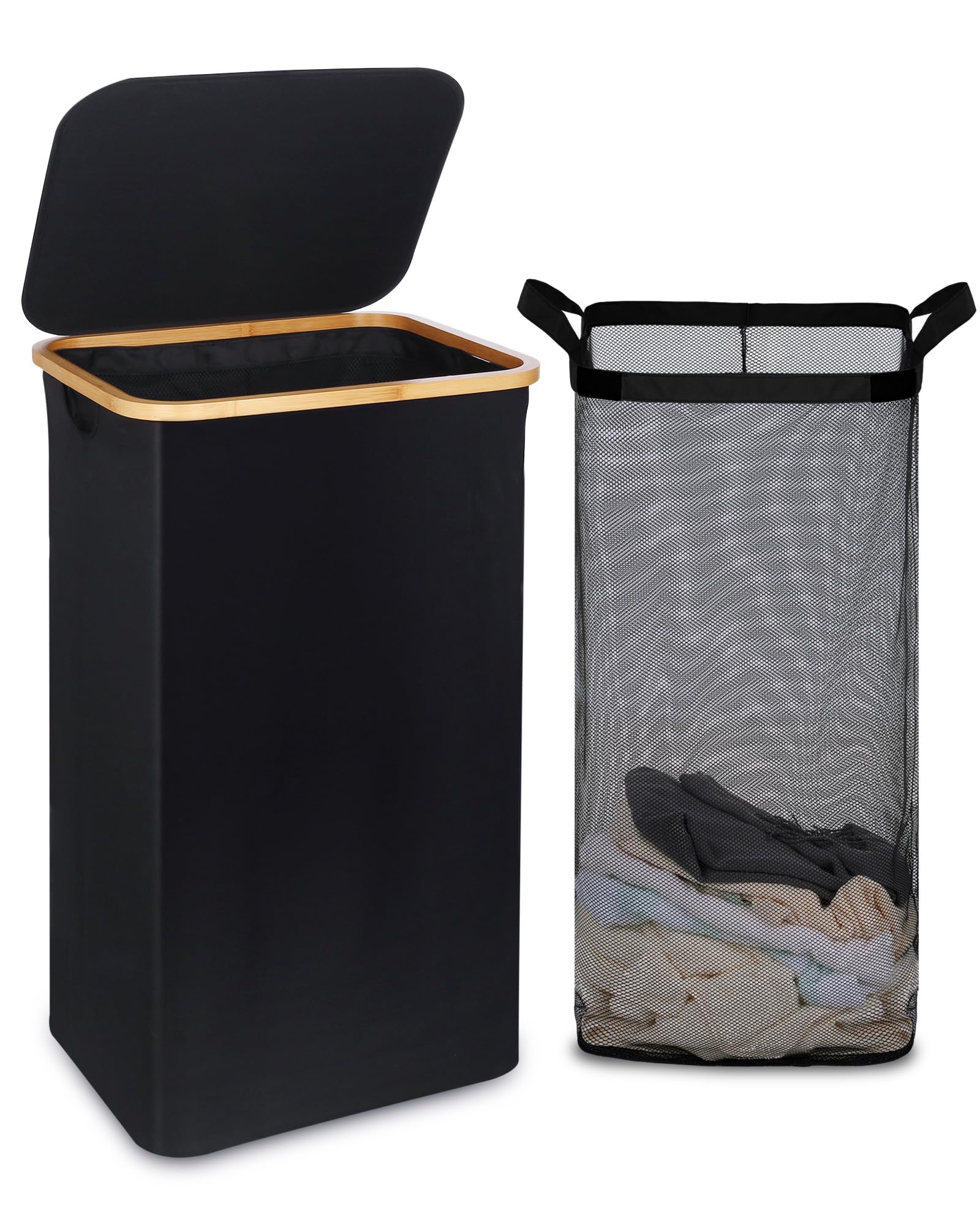 100L Laundry Basket with Lid and Net Bag