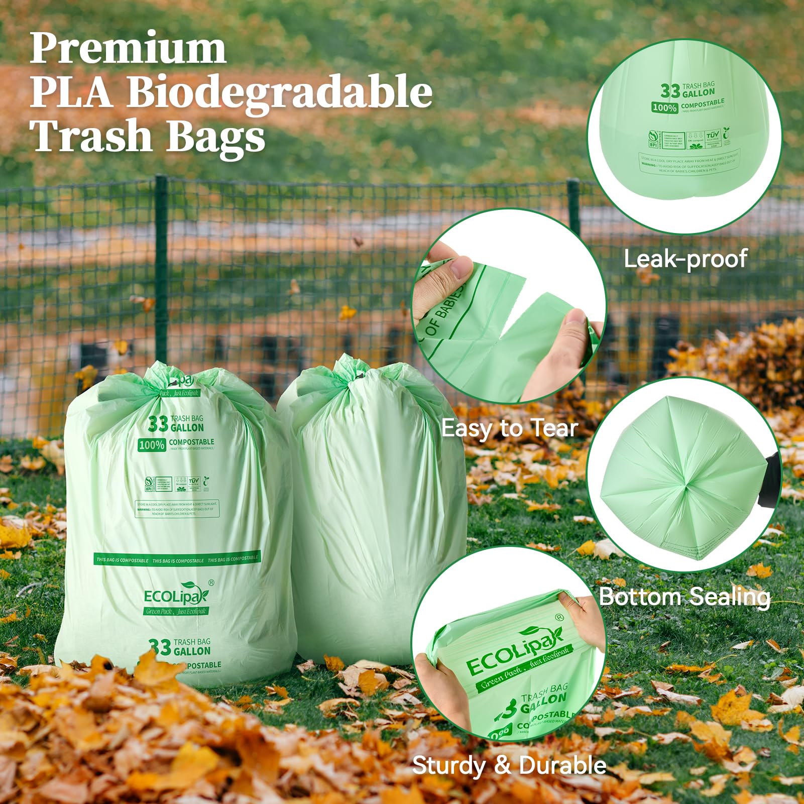 33 Gallon 50 Count Large Compostable Trash Garbage Bags for Lawn