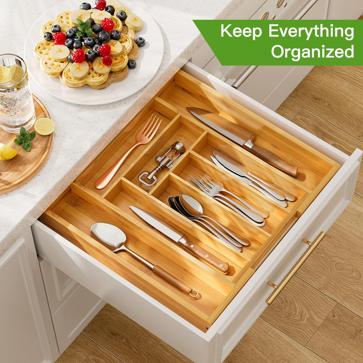 Bamboo Expandable Drawer Organizer for Utensils Holder