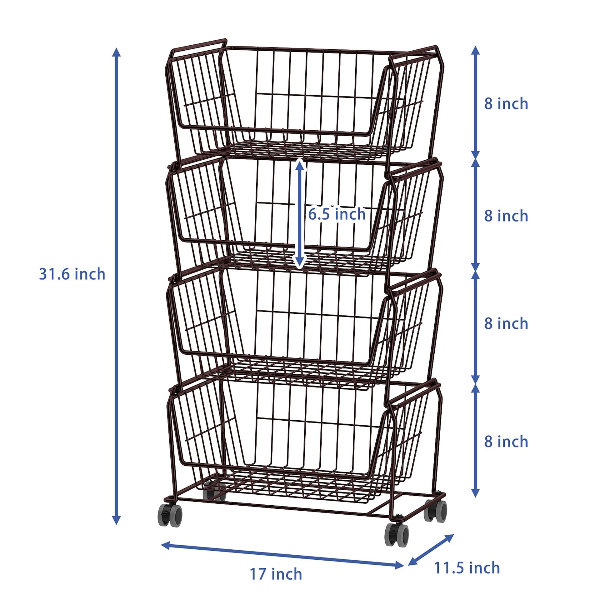 4 Tier Spacious Stackable Wire Storage Baskets with Wheels (4 Count)