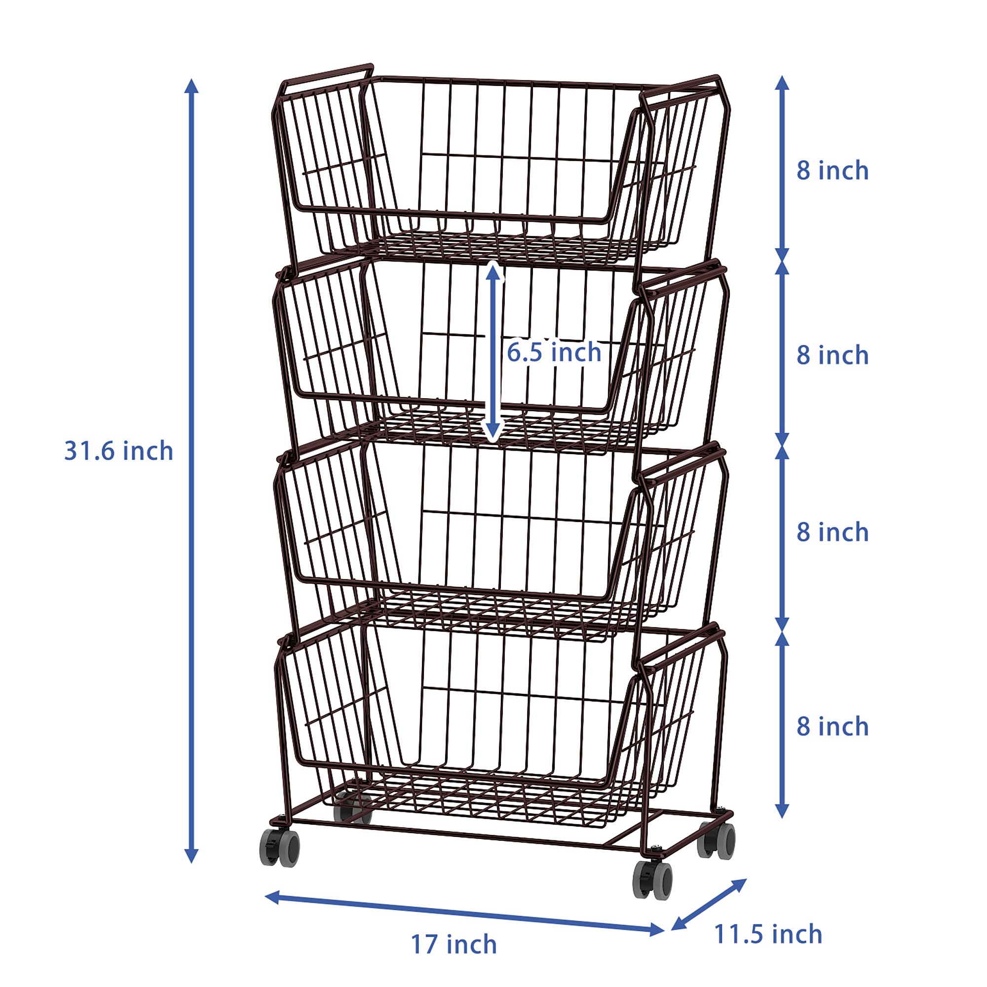4 Tier Spacious Stackable Wire Storage Baskets with Wheels (4 Count)