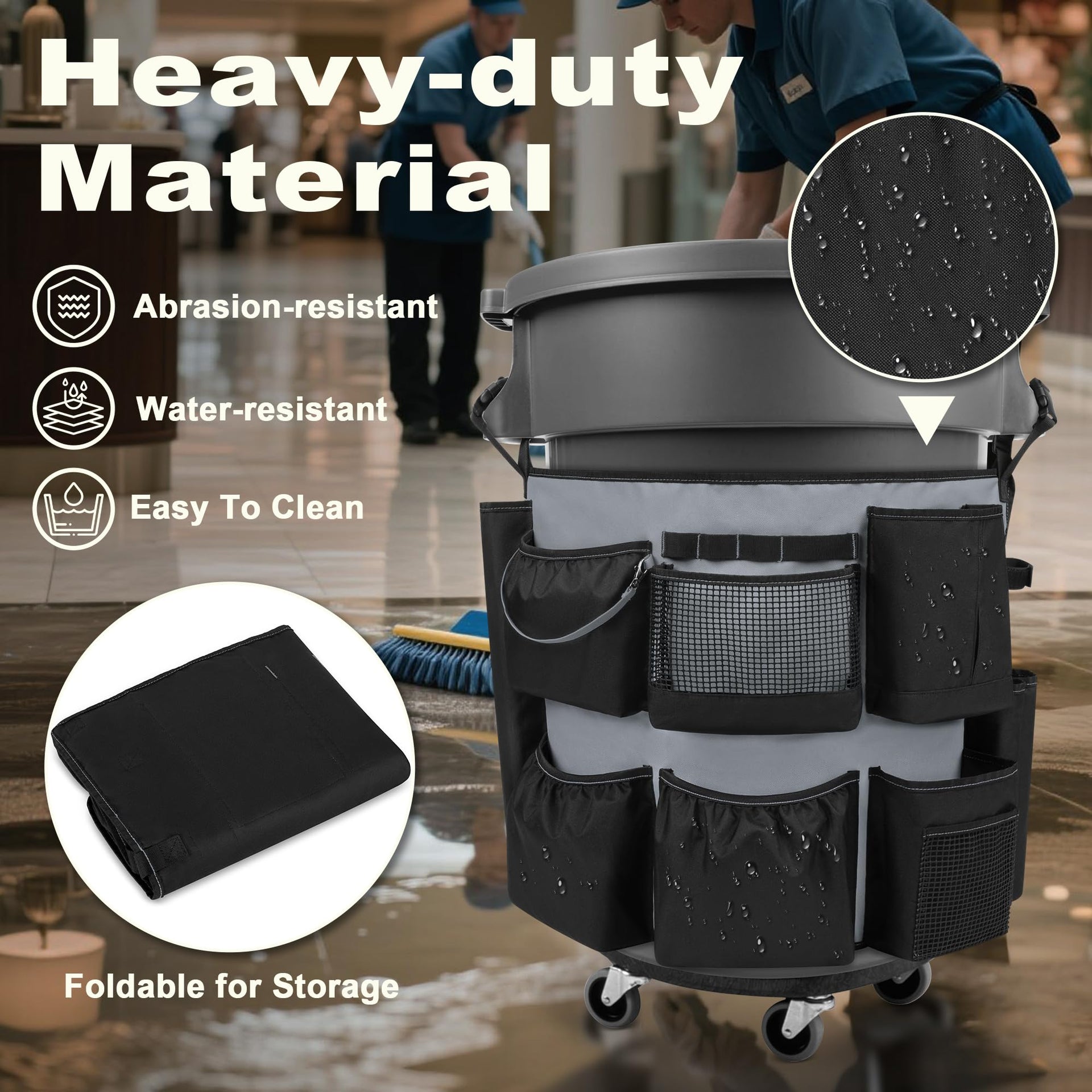 32 55 Gallon Trash Can Caddy Bag with Multi Pockets for Clean Tools