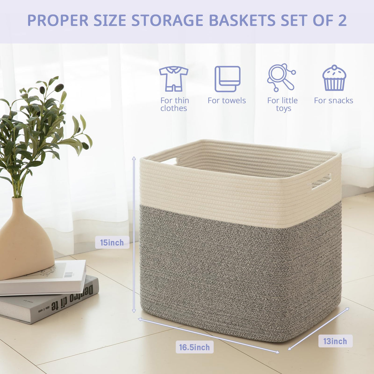 2 PACK Tall Storage baskets 55L Blanket Basket Living Room Grey (2 Count)