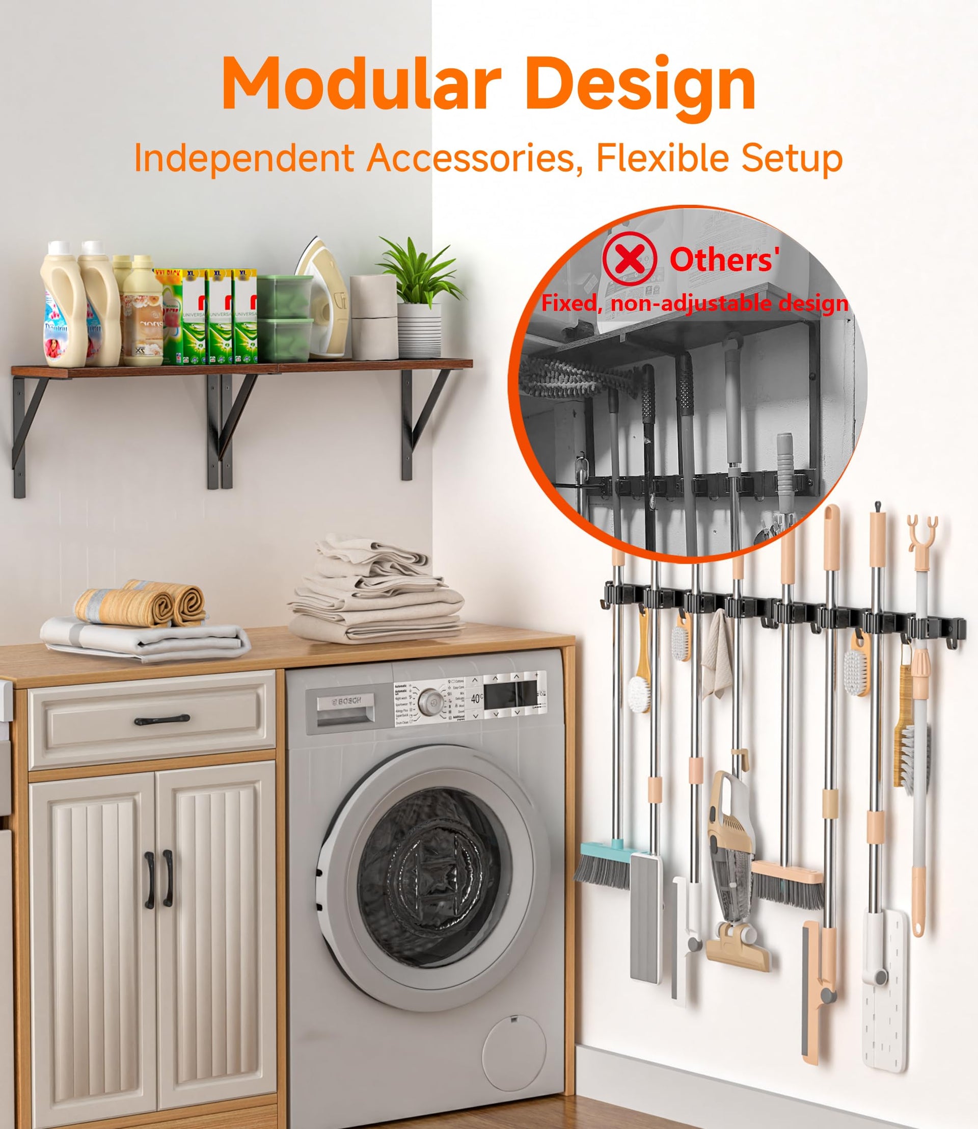 1Pack Broom Holder with Organizer Shelf 4 Broom Slots 5 Removable Hooks