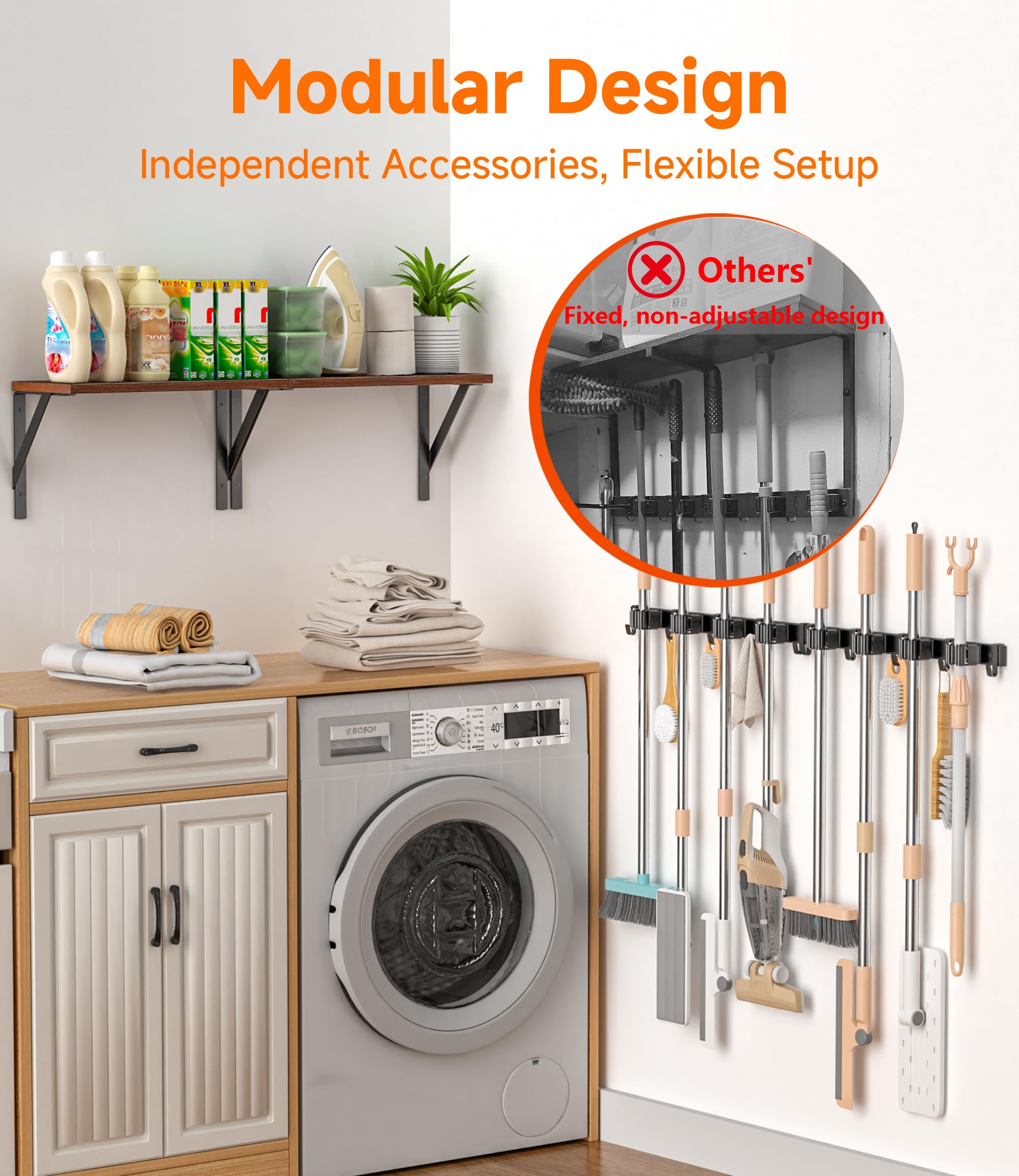 2Pack Broom Holder with Organizer Shelf 8 Broom Slots 10 Removable Hooks (2 Count)