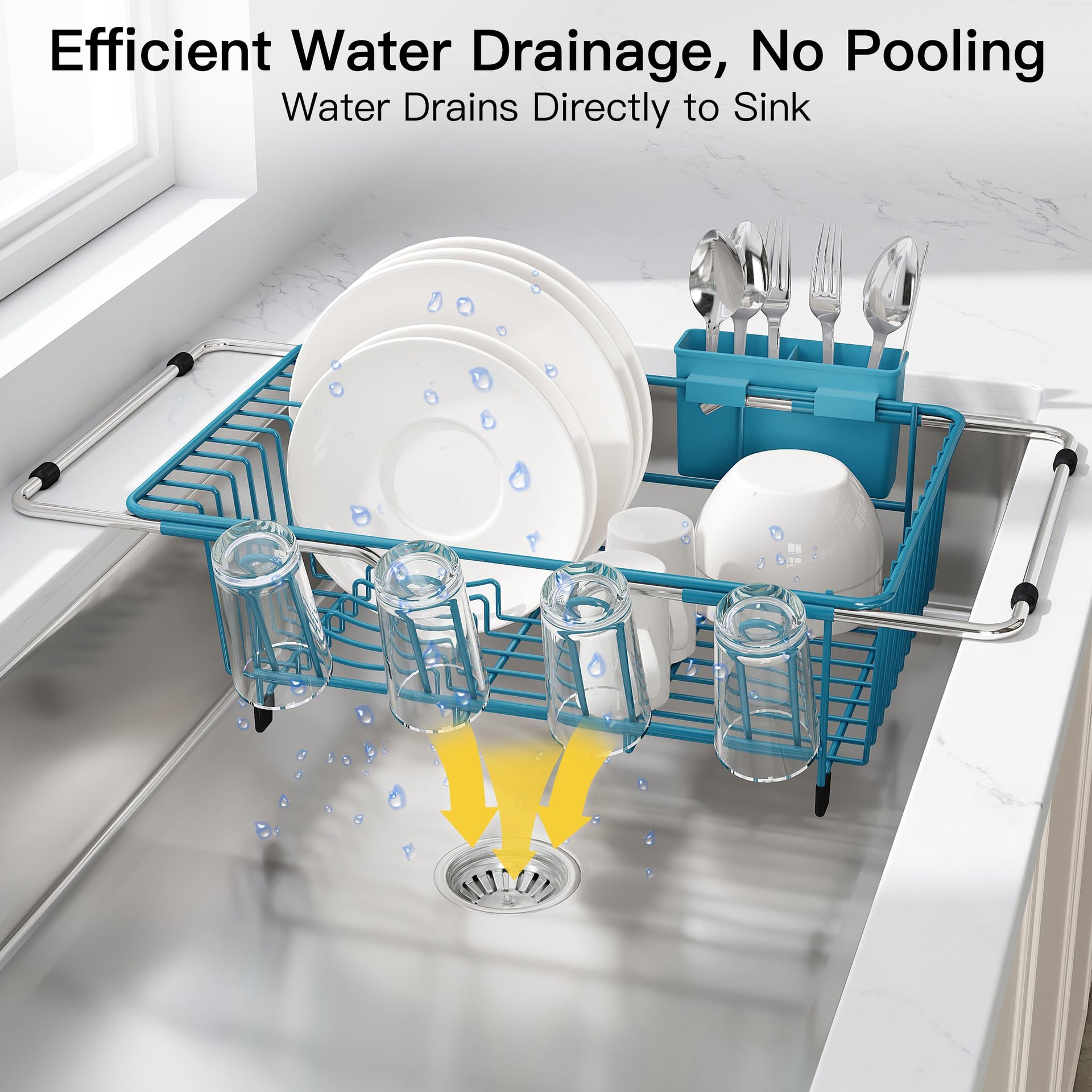 Blue Dish Drying Rack in Sink with Drainboard and Utensil Holder