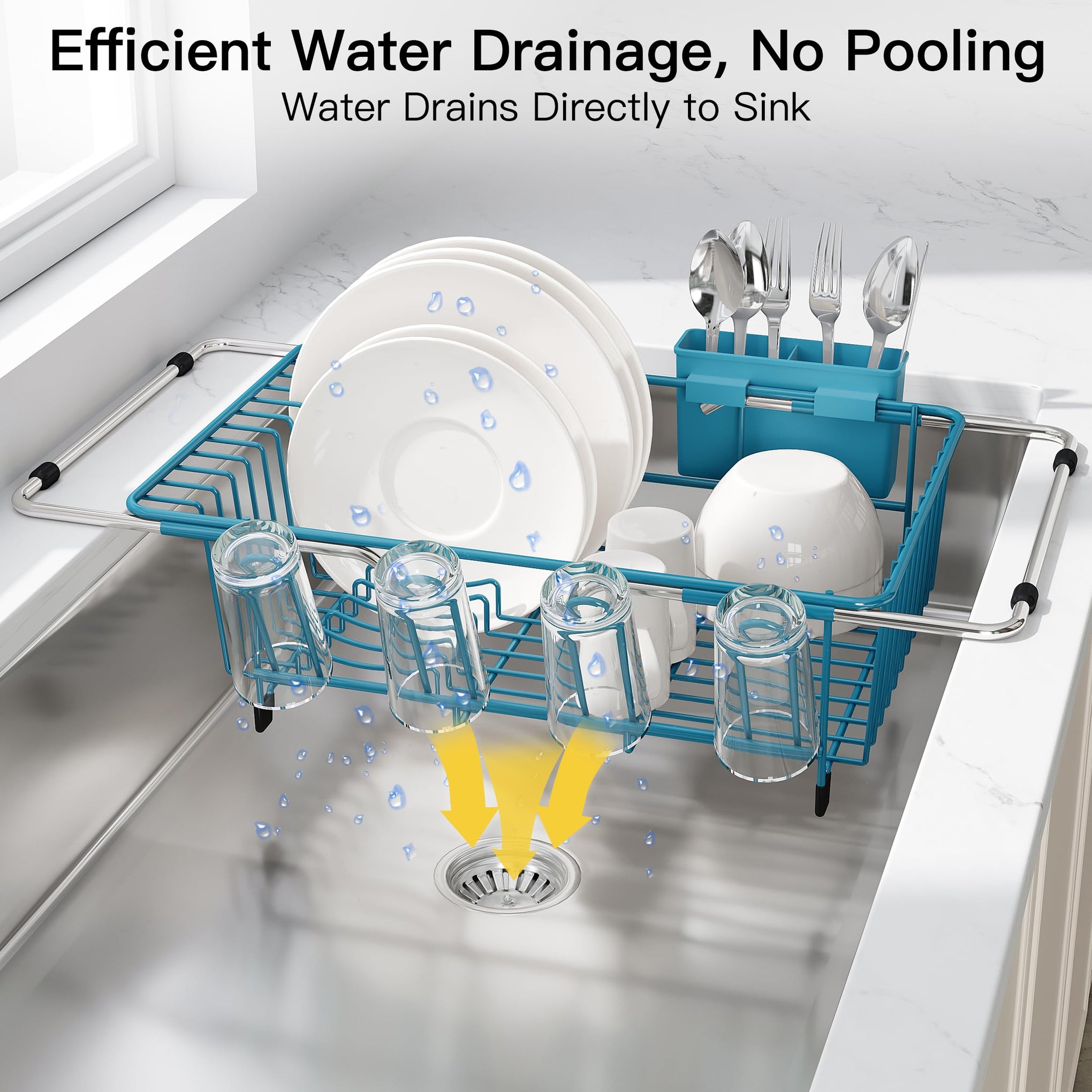 Blue Dish Drying Rack in Sink with Drainboard and Utensil Holder