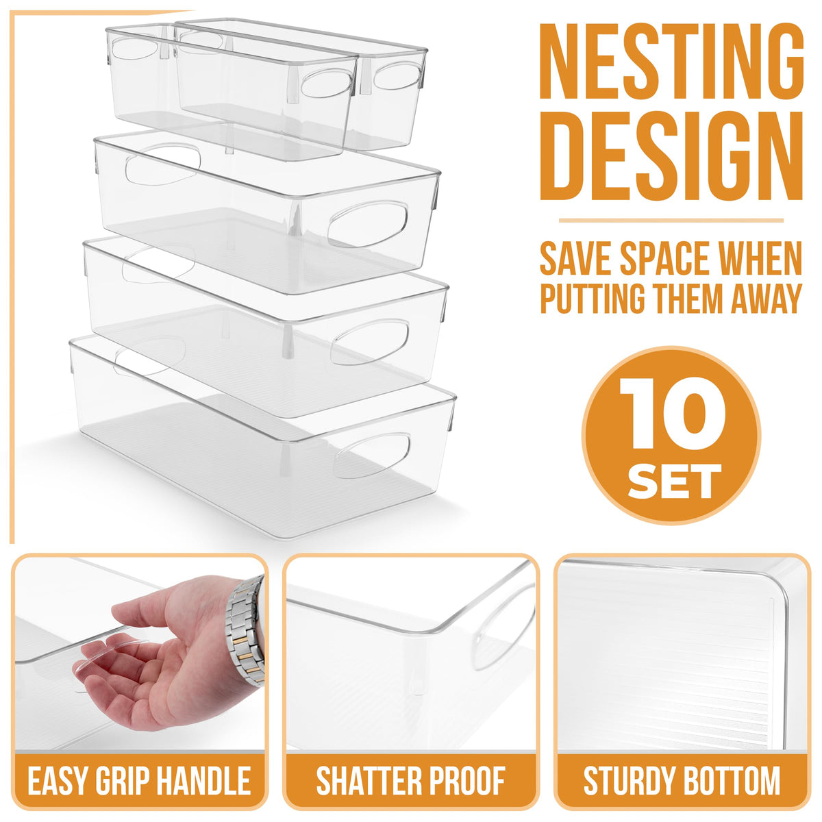 Clear Plastic Storage Bins for Organizing (10 Count)