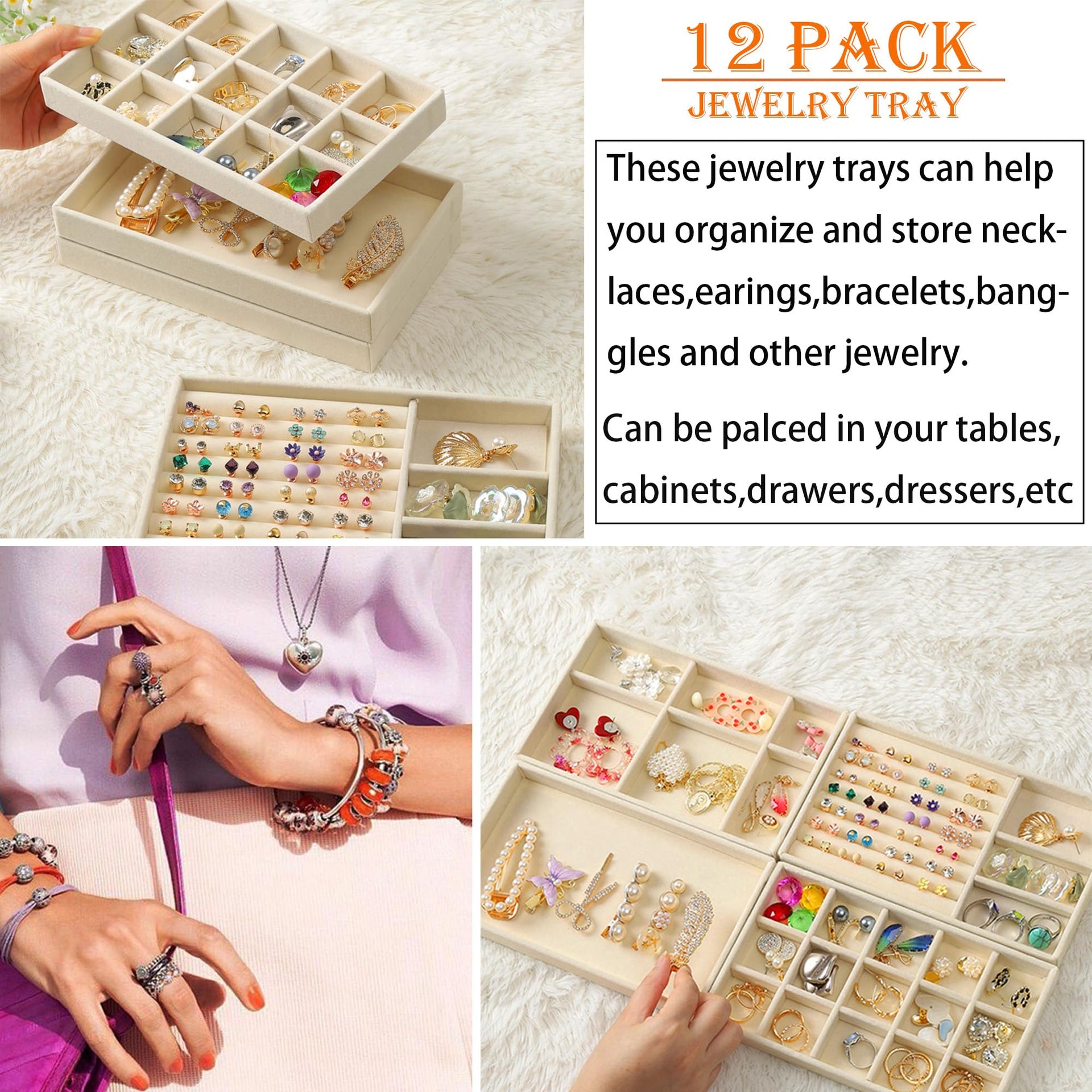 12Set Jewelry Trays Velvet Jewelry Display Plate Stackable Jewelry Drawer Organizer Earring Organizer for Women (12 Count)