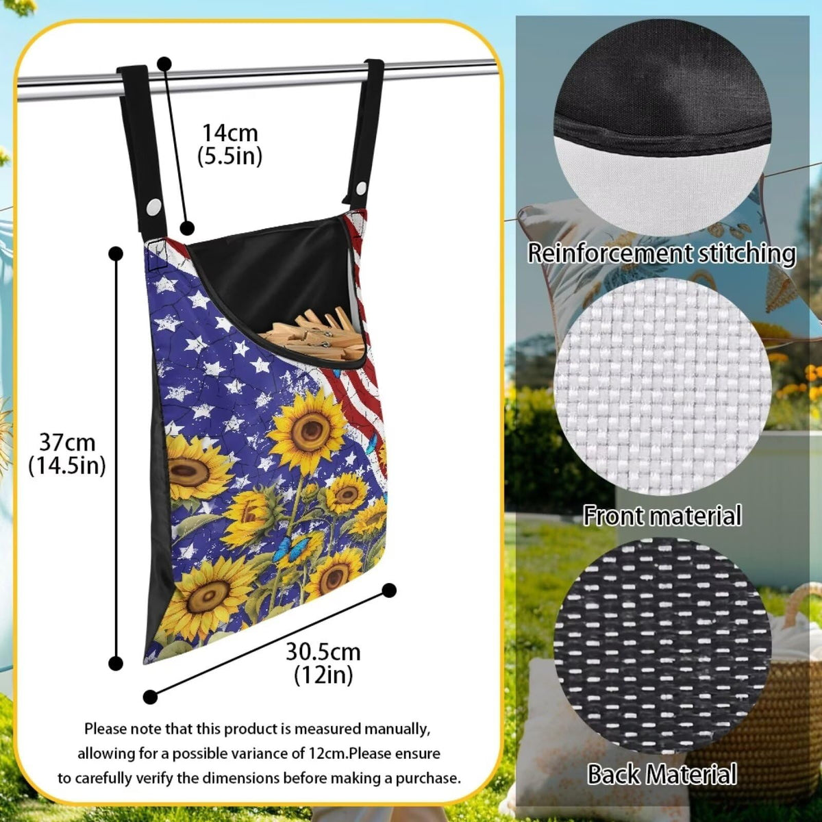 American Flag Clothespin Bags Sunflower Laundry Hanging Storage Organizer Clothes Pin Hanging Bags with Rope Clothespin Holder with an Space