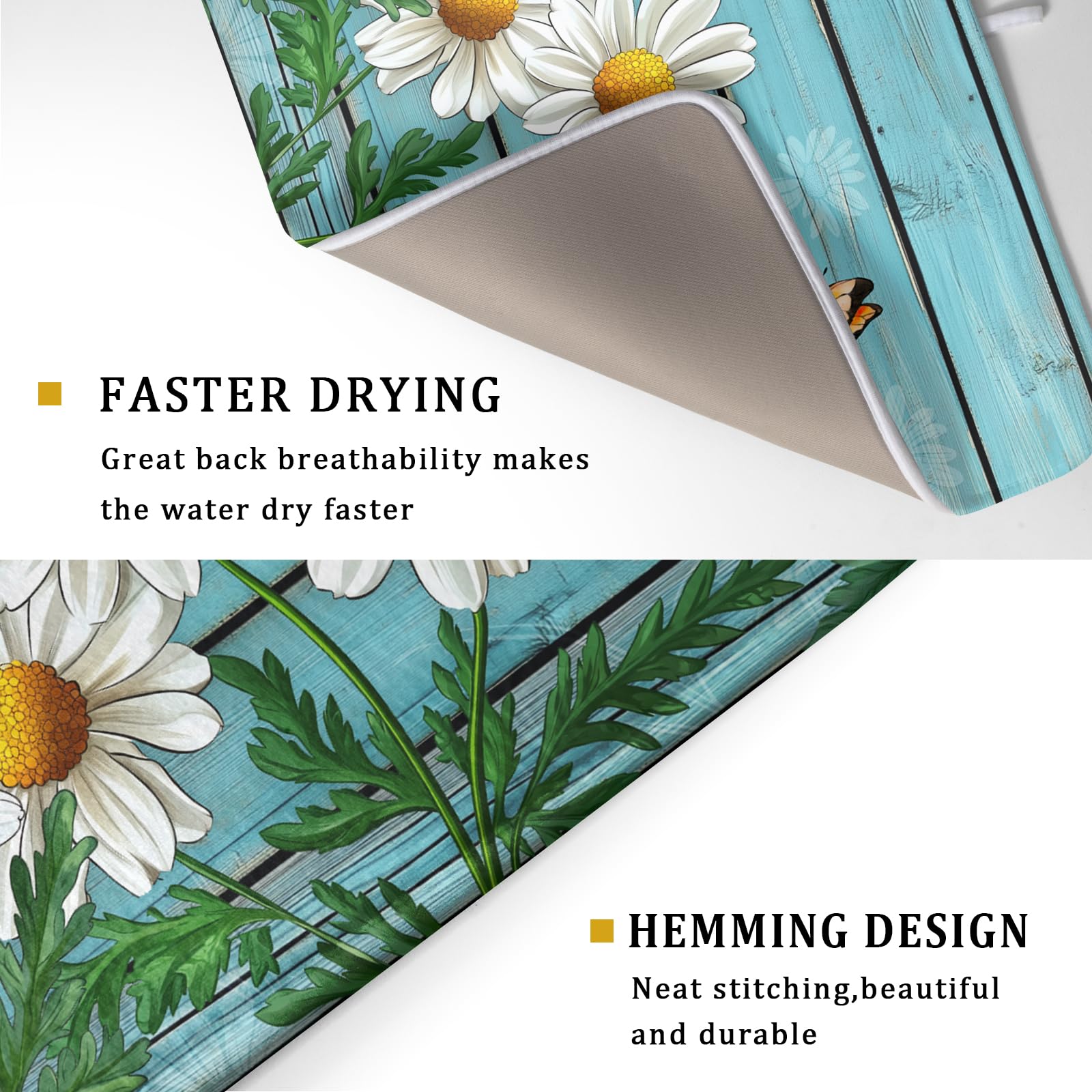 Daisy Dish Drying Mat for Kitchen Counter 18”x24” Rustic Daisy Absorbent Dish Drying Mat Reversible Microfiber Dish Drainer Rack Fast Drying Mat for Countertops Tableware Decor