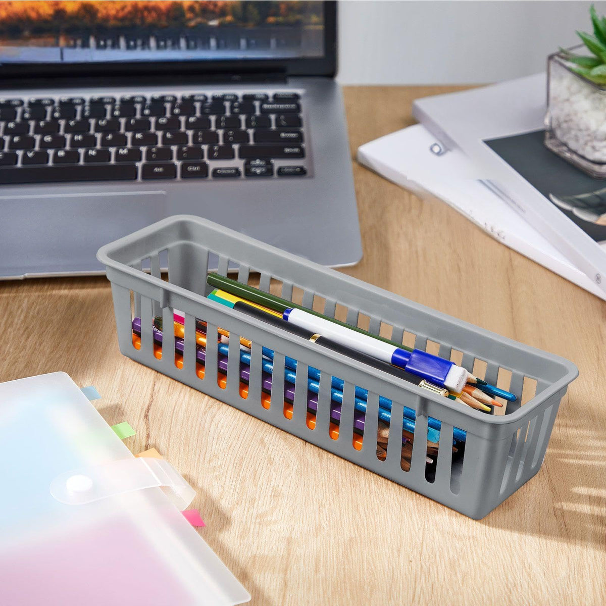 12 Pack Slim Plastic Storage Baskets Tray for Organizing 10.25x3.25x2.5 Inch Small Narrow Storage Bins Stackable Drawer Pencil Trays Holder for Desk Garage Cabinet Container (12 Count)