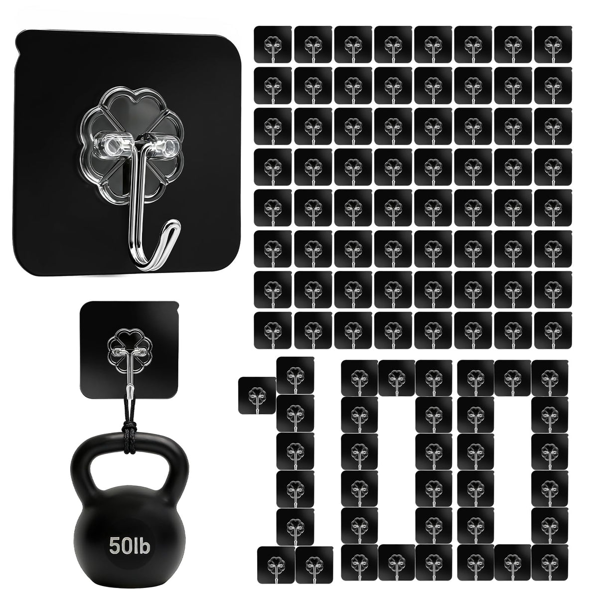 100 Pack Adhesive Wall Hooks 50LB Heavy Duty Black Sticky Hook (100 Count)