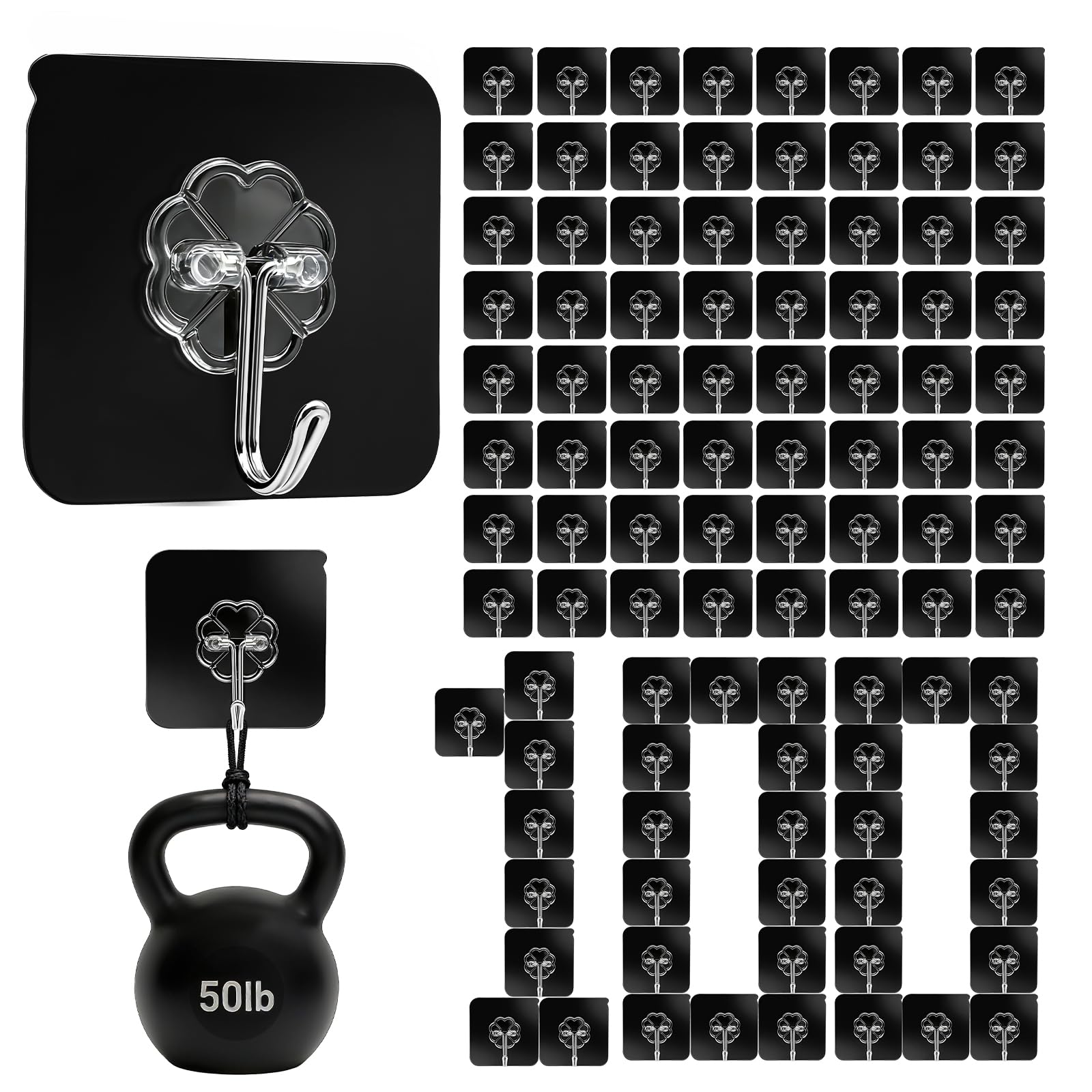 100 Pack Adhesive Wall Hooks 50LB Heavy Duty Black Sticky Hook (100 Count)
