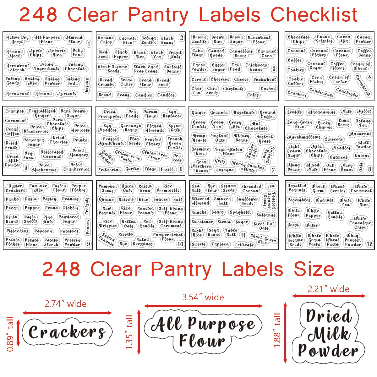 3 Pcs Square Glass Pantry Storage Containers with Bamboo Airtight Lid and 248 Clear Pantry Labels Preprinted