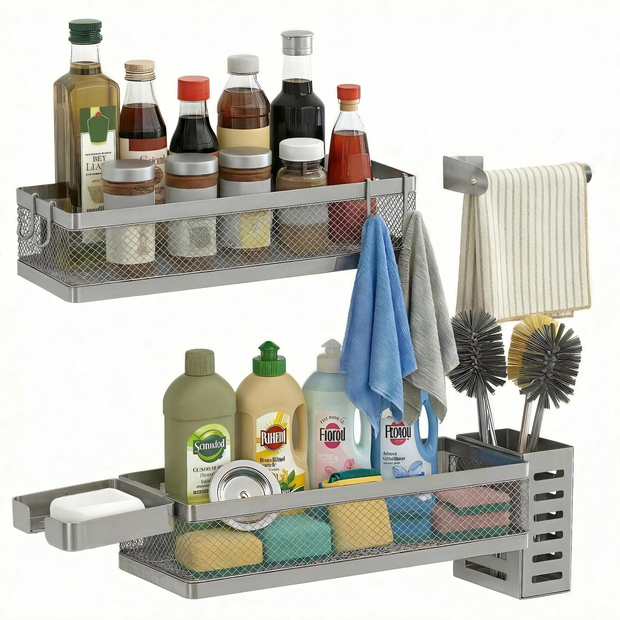 5-in-1 Wide Wall Mount Wrapped Mesh Kitchen Organizer & Shower Caddy Kit, with Paper Towel Holder, Utensil Holder, Soap Dish, Heavy Duty 50LBS - Silver Gray, Netting