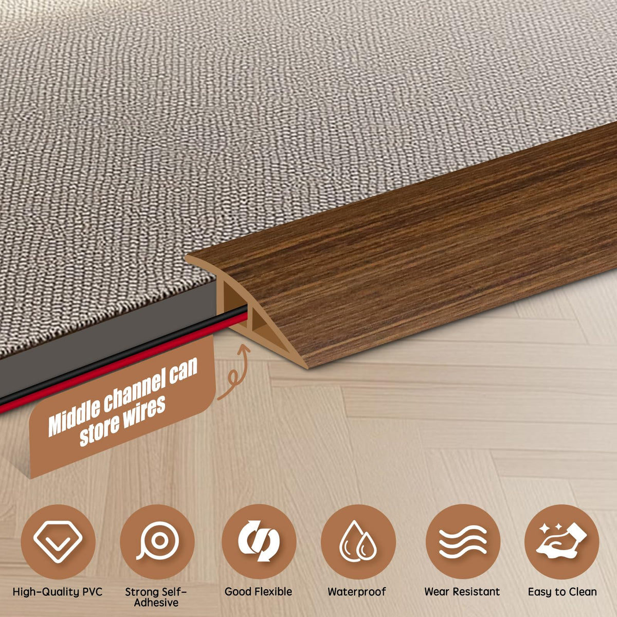 Floor Transition Strip Door Threshold 78" Floor Transition Reducer Trim on The Edges Threshold Strip Self Adhesive Suitable for Doorways (6.5 Foot)