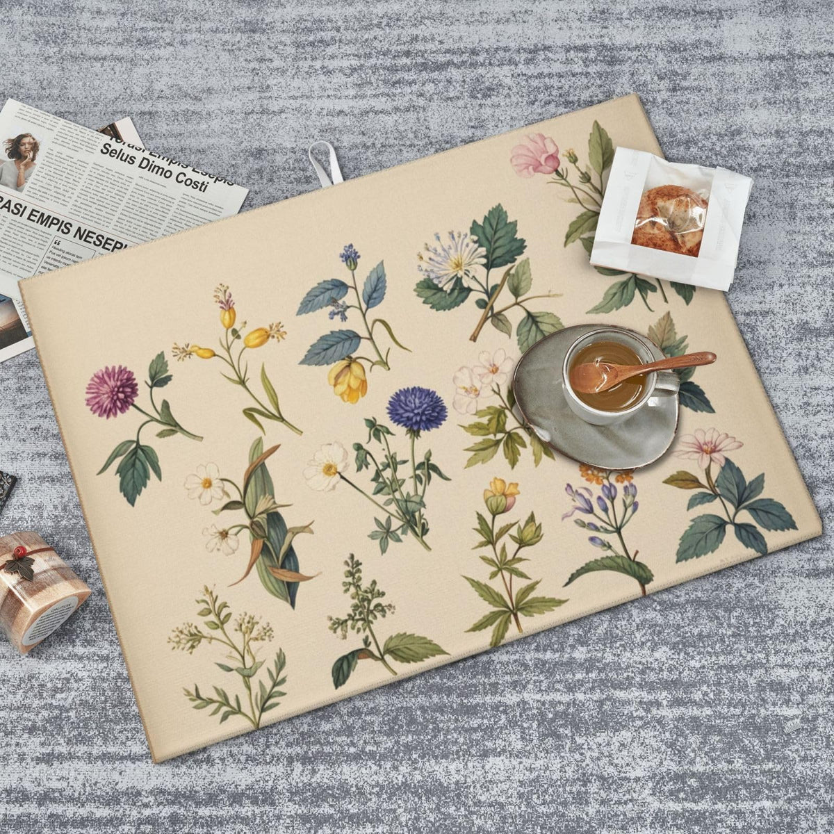 Vintage Plants Herbs Floral Dish Drying Mat Highly Absorbent Double
