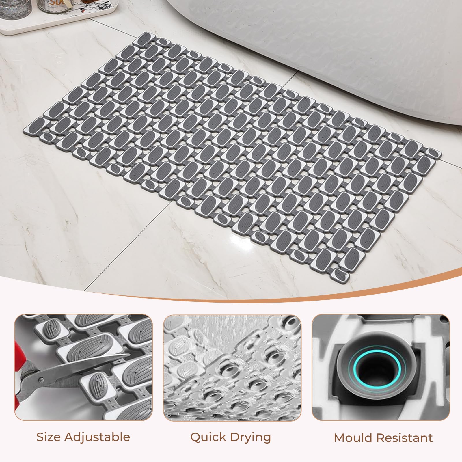 Bathtub Mats Non Slip for Bathroom with Suction Cups and Drain Holes 27.6 * 15.7 Inch Shower Mat for Inside Shower